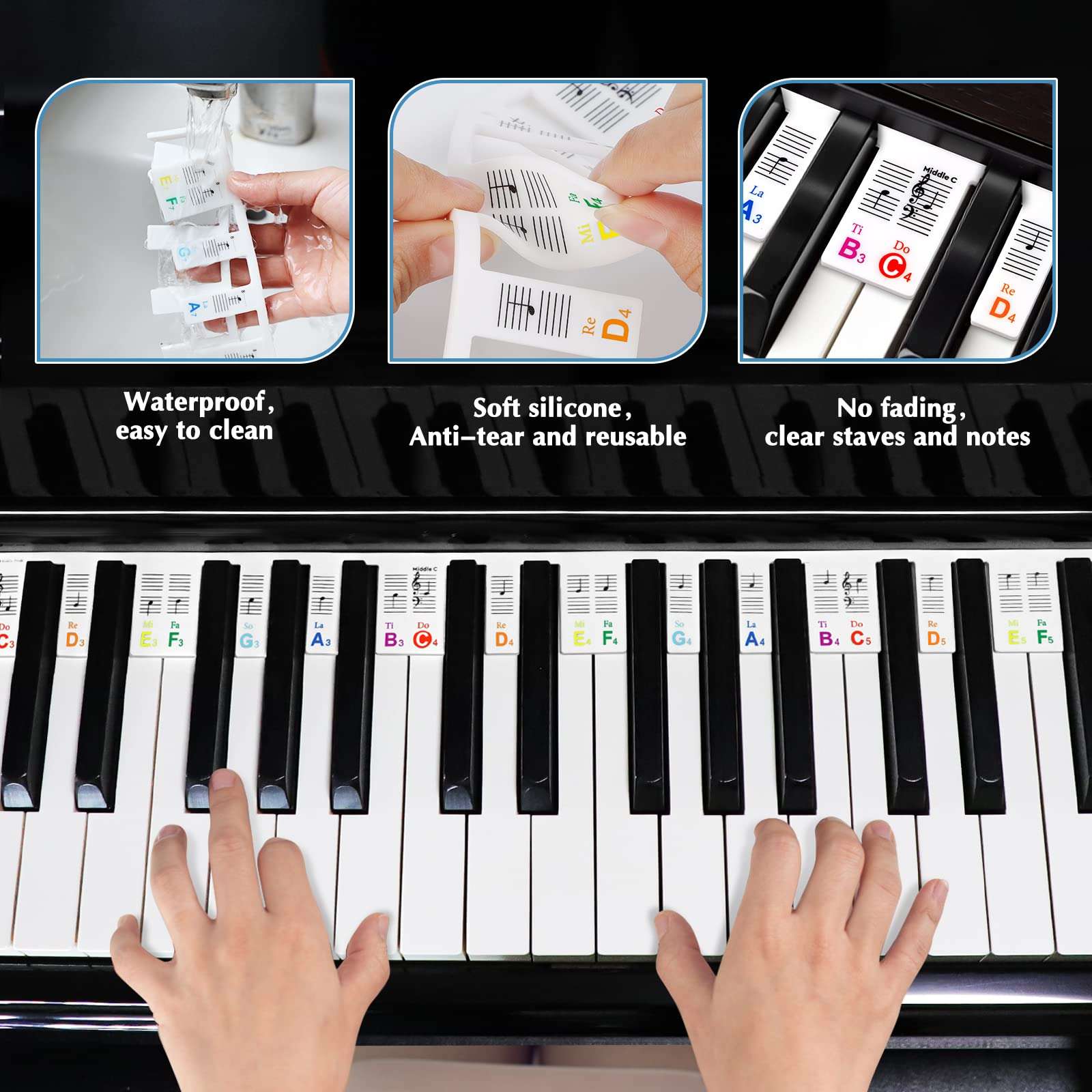 Piano Keyboard Note Labels, SS Removable Piano Key Notes Guide Overlay for Beginners Learning Piano, Made of Silicone, No Stickers Needed, 88 Keys Full Size (Rainbow) 2