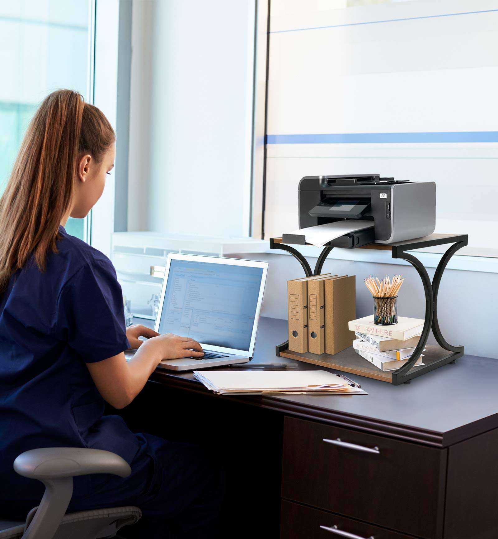 Updesign Vintage Large Size Desktop Printer Stand, Home and Office Desktop Organization Stand with Shelf, 2 Tier Wood Desk Stand and Organizer for Printers, Fax Machine, Scanner, Office Supplies 3