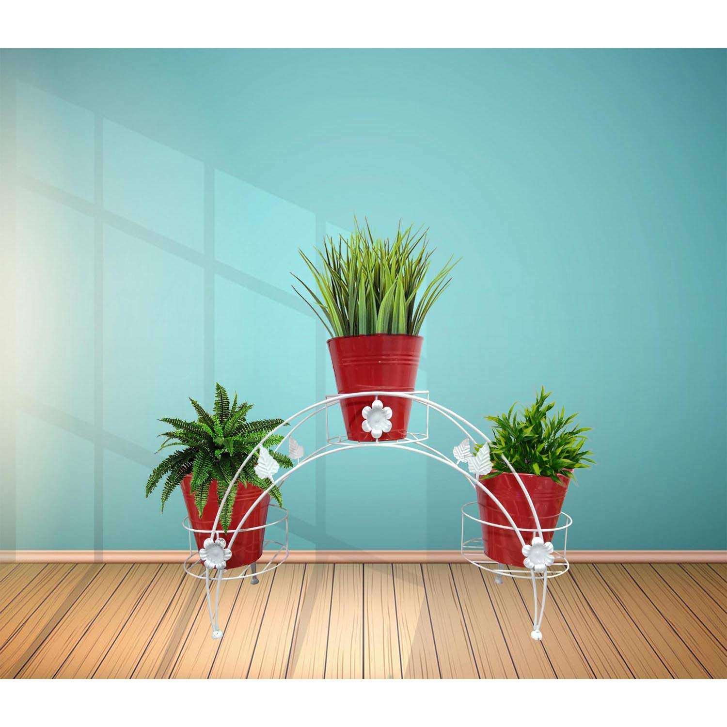 GIG Handicrafts 3 Tier Iron Pot Stand Plant Stand Plant Holder with 3 Metal Planters (65 cm x 18 cm x 30 cm, White & Red) 1