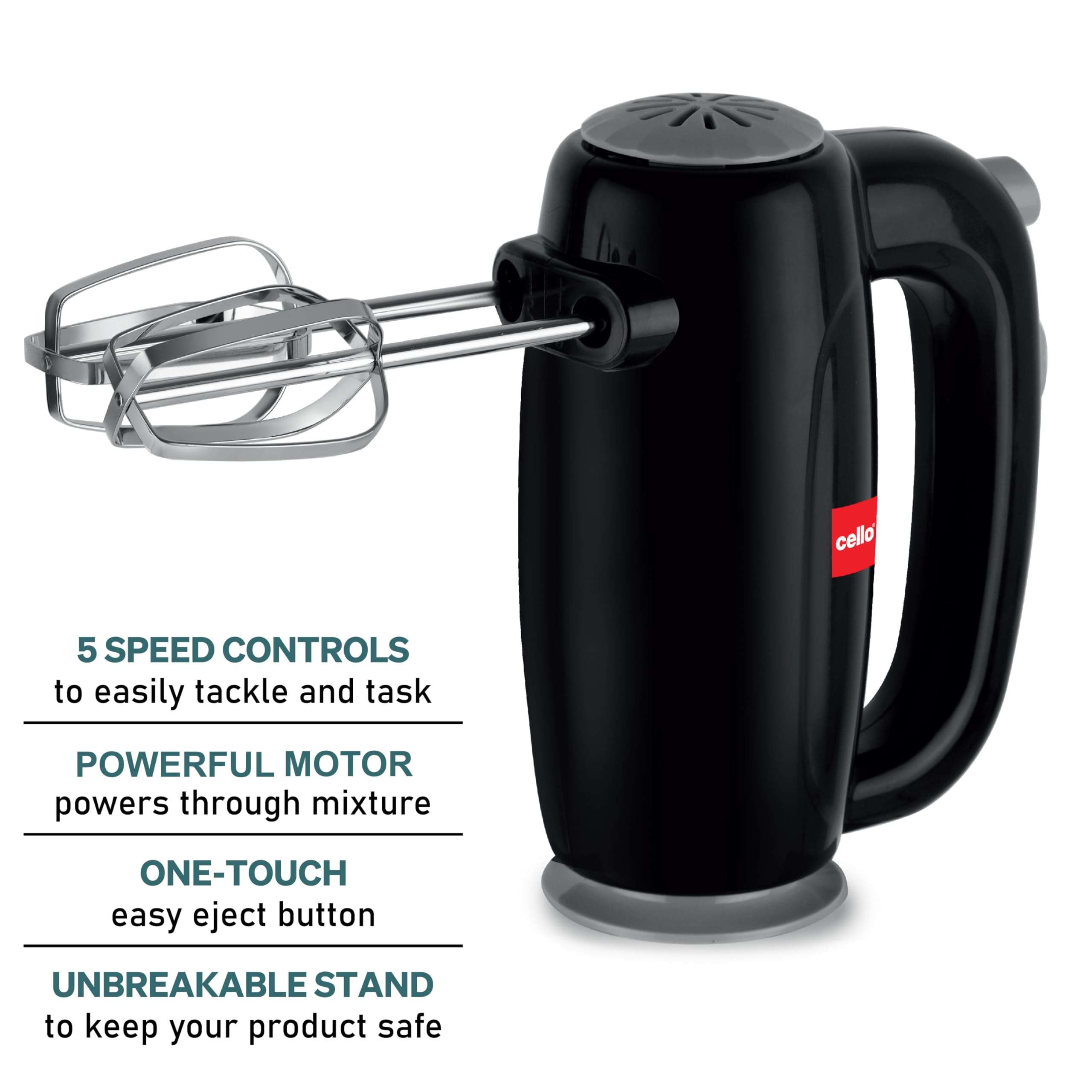 CELLO Besto Hand Beater Mixer 300 Watts Black | 5 Variable Speed Controls, Power Full Motor, One Touch & Unbreakable Stand, SS Beaters & Dough Hooks For Mixing Beating Kneading 6