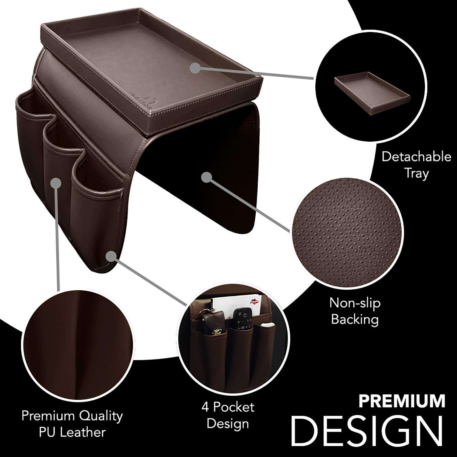 U NEATOPA Couch Remote Caddy Control Holder Sofa Organizer with Detachable Wooden Snack Tray for Recliner Mattresses Chair Armrests with 4 Slots - 1 Large Pockets and 3 Small Pockets (Brown) 4