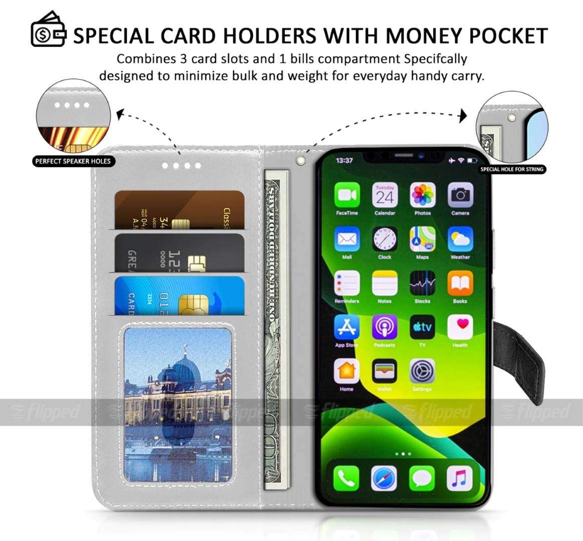 FLIPPED Vegan Leather Flip Case Back Cover for Apple iPhone 13 Pro Max (Flexible, Shock Proof | Hand Stitched Leather Finish | Card Pockets Wallet & Stand | Black with Brown) 6