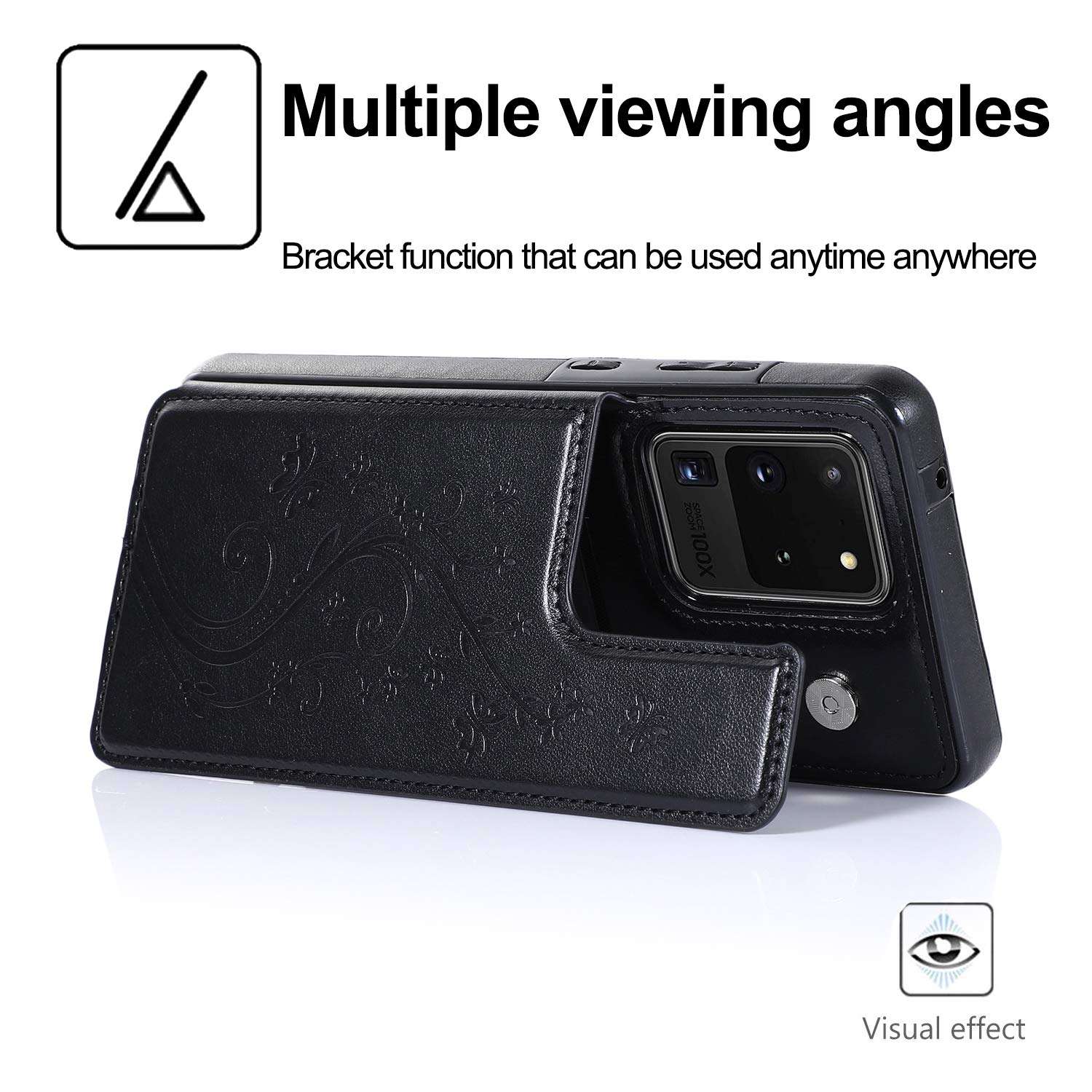 FengXinZi Compatible with Samsung Galaxy S20 Ultra/5G 2020 Wallet Case with Card Holder, Premium PU Leather Kickstand Credit Card Slots Anti-Scratch Shockproof Protective Magnetic s20ultra5g Black 3