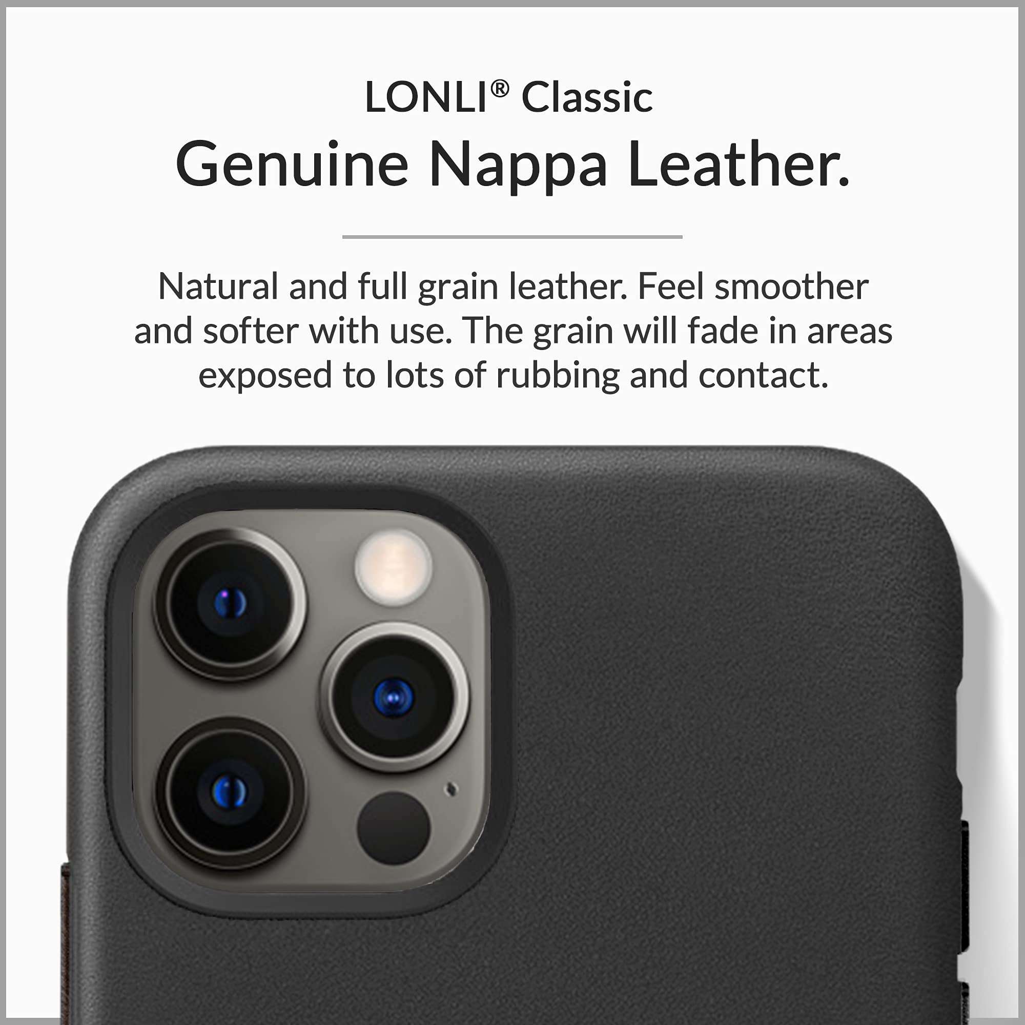 LONLI Classic - (for iPhone 12 | 12 Pro) - Genuine Nappa Leather Case with Built-in Magnets for MagSafe - (6.1 inch, Black) 2