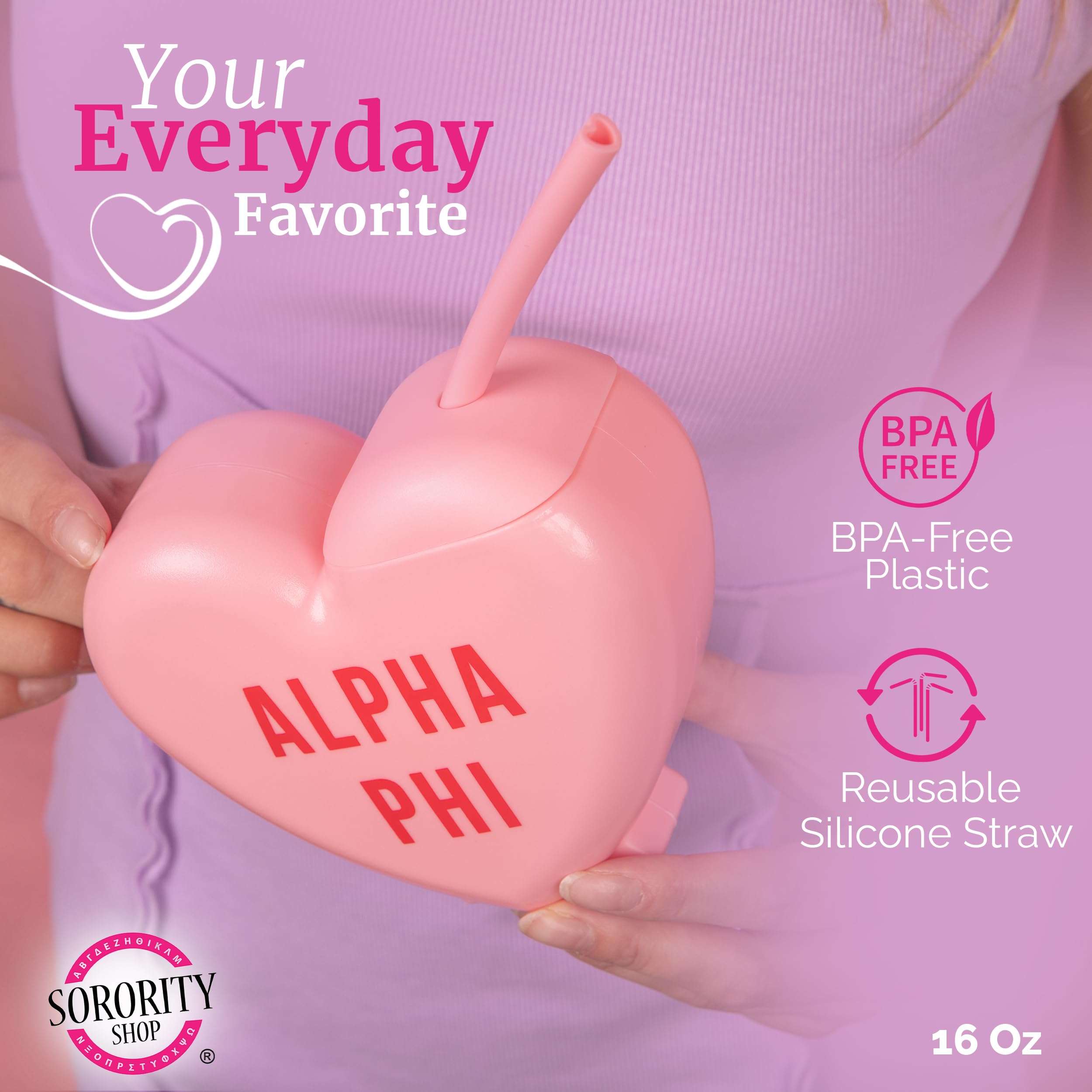 Sorority Shop Phi Mu Tumbler with Straw - Candy Heart Shaped 16 Oz Tumbler with Lid and Silicone Straw, Reusable Plastic Cup with Screen Printed Sorority Name for any Cold Drink 3