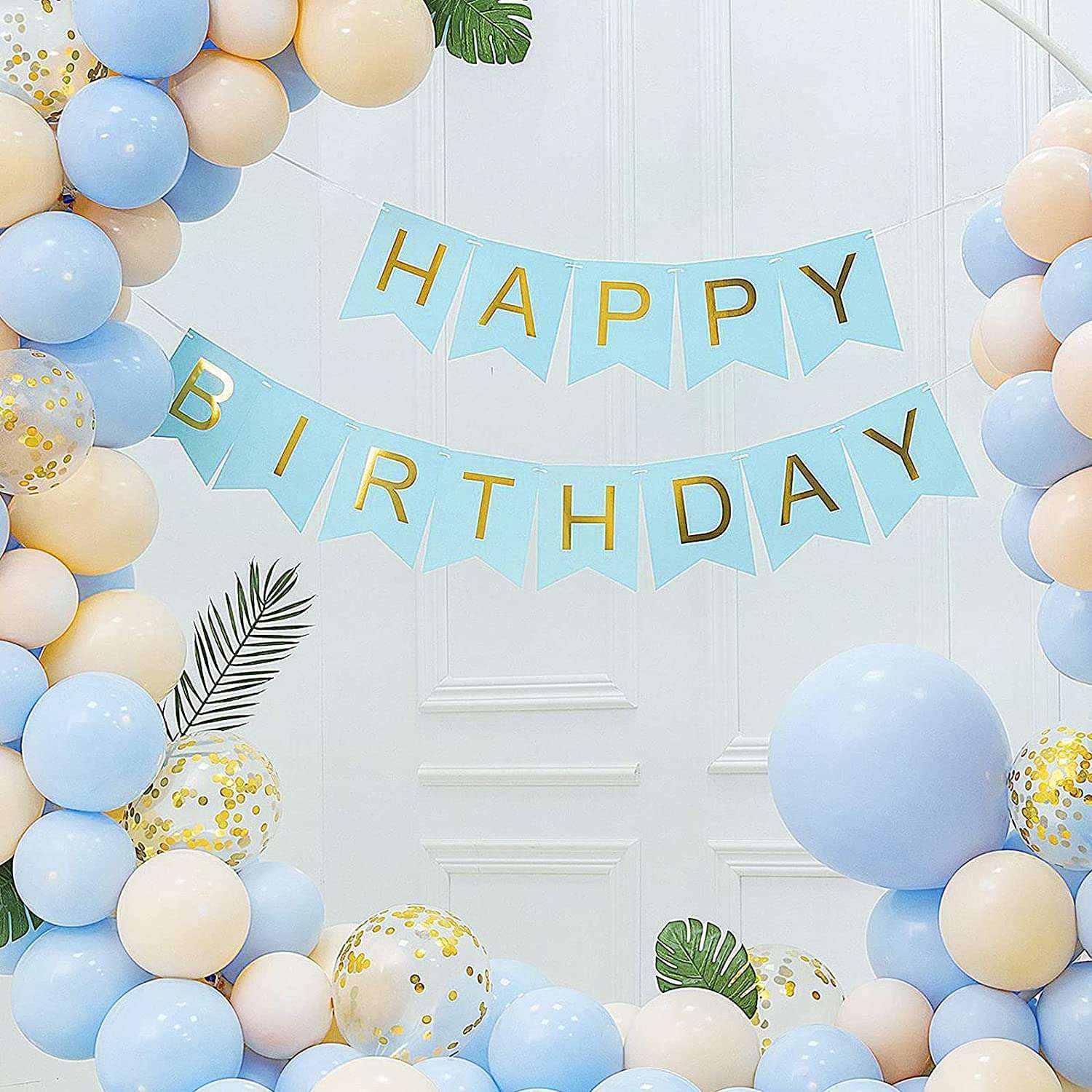 atorakushon Sky Blue and Golden Happy Birthday Paper Banner With 100Pc Sky Pastel Latex Balloons Decoration For Boys Girls Boyfriend Girlfriend Cuple Kids Birthday Celebrations Decorative Items Décor 5