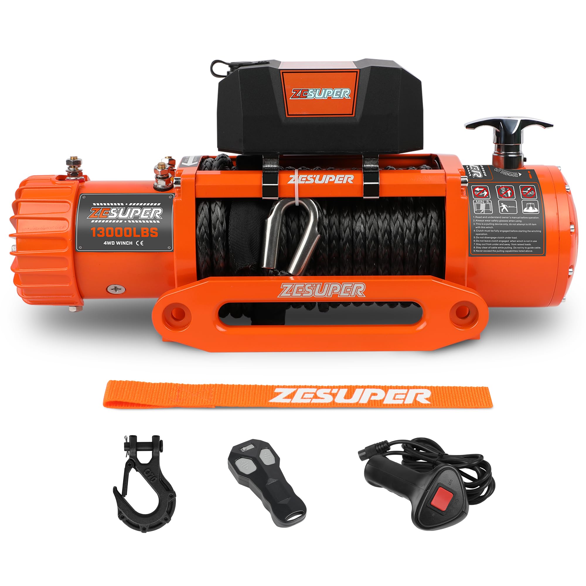 ZESUPER 13000 lbs Capacity Electric Winch Kit Waterproof IP67 Electric Winch Hawse Fairlead for Truck,SUV with Both Wireless Handheld Remote and Corded Control Recovery Synthetic Rope Orange