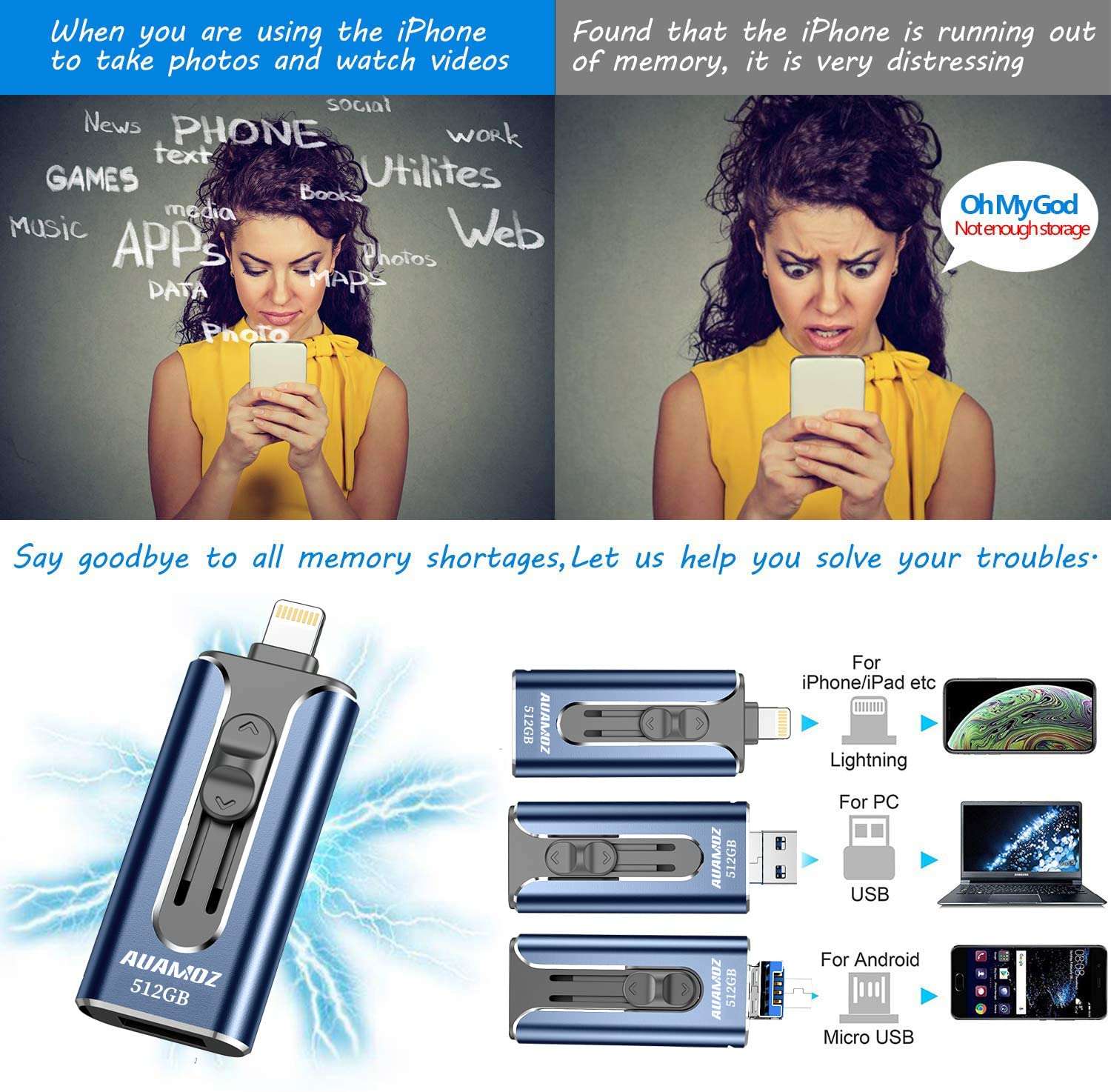 AUAMOZ 512GB Flash Drive for iPhone, USB Memory Stick Photo Stick External Storage Thumb Drive for iPhone iPad Android Computer (Light Blue) 4