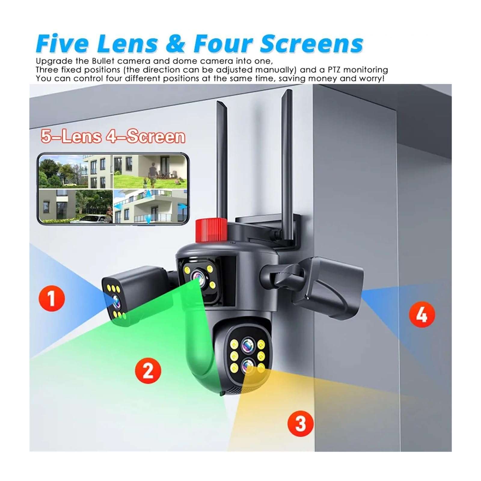 QDVOPHZA 20MP 10K Security Protection Camera WiFi Outdoor 10X Zoom Five Lens Four Screens CCTV Video Surveillance Auto Tracking PTZ Cam(U/K,10K 10XZoom Add 128G) 3