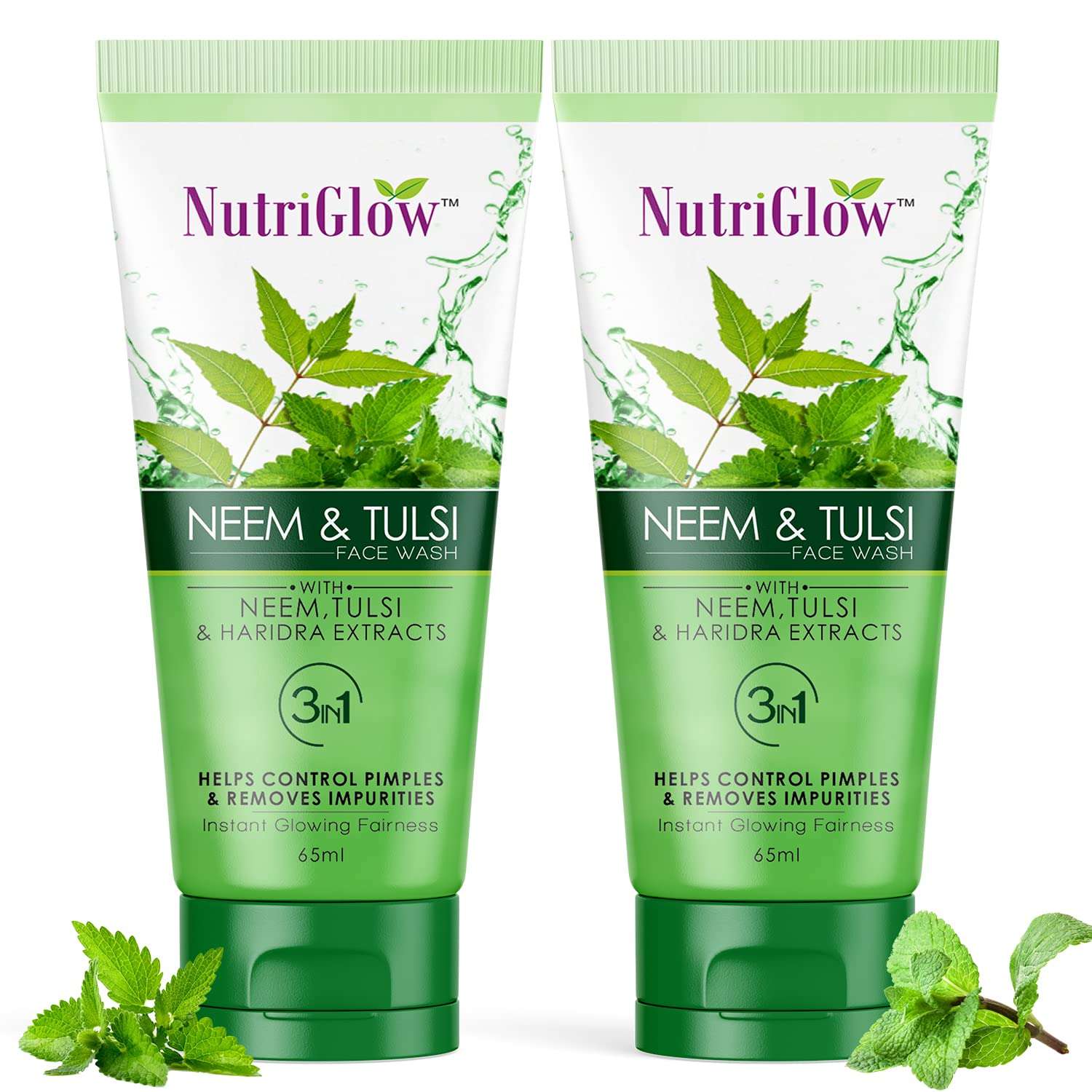 Nutriglow Neem & Tulsi Face Wash With Aloe Vera Extract For Cleanser, Pimple Care Solution, Fresh Feel Purifying, Removes Impurities, 65ml Each, Pack of 2 1