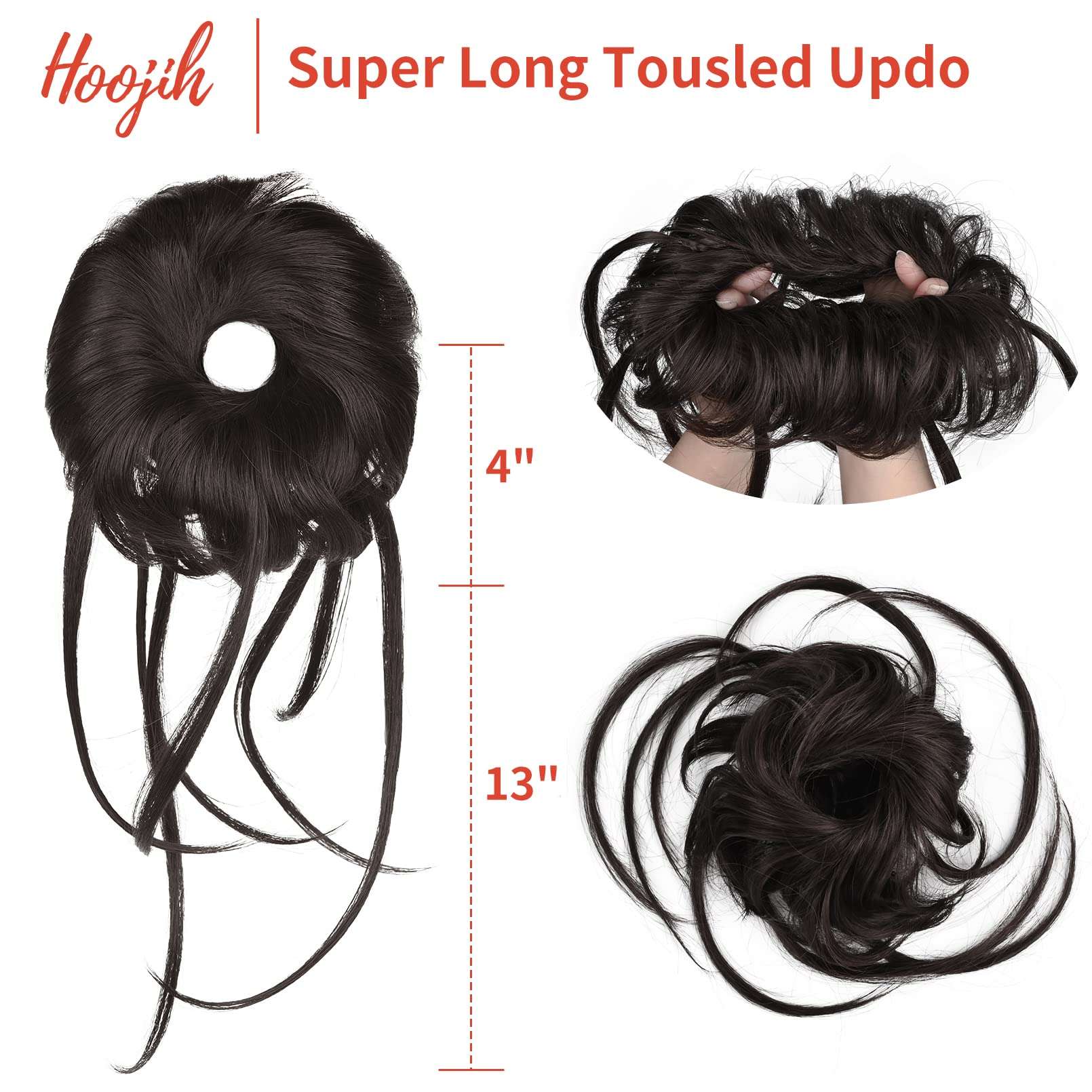 HOOJIH Messy Bun Hair Piece, Super Long Tousled Updo Hair Bun Extensions Wavy Wrap Ponytail Hairpieces Scrunchies with Elastic Band for Women HB007 Grace - Black Brown 2