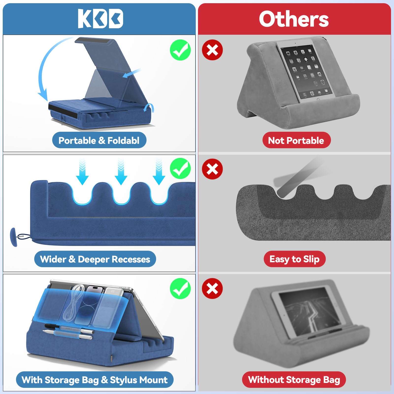 KDD Tablet Pillow Holder, Foldable iPad Stand for Lap, Bed and Desk -Tablet Soft Pad Dock with Pocket & Stylus Mount Compatible with iPad Pro 12.9, 10.5, 9.7 Air Mini 6 5 4 3, Galaxy Tab,E-Reader 5