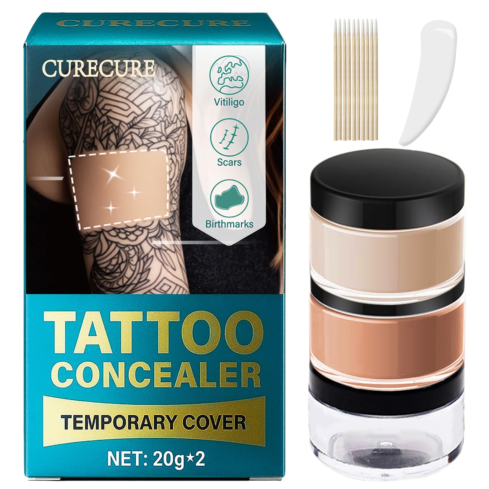 CURECURE Tattoo Cover Up Makeup Waterproof, Full Coverage Concealer for Tattoos, Dark Spots & Scars, Long Lasting, Smudge-Proof & Transfer-Resistant
