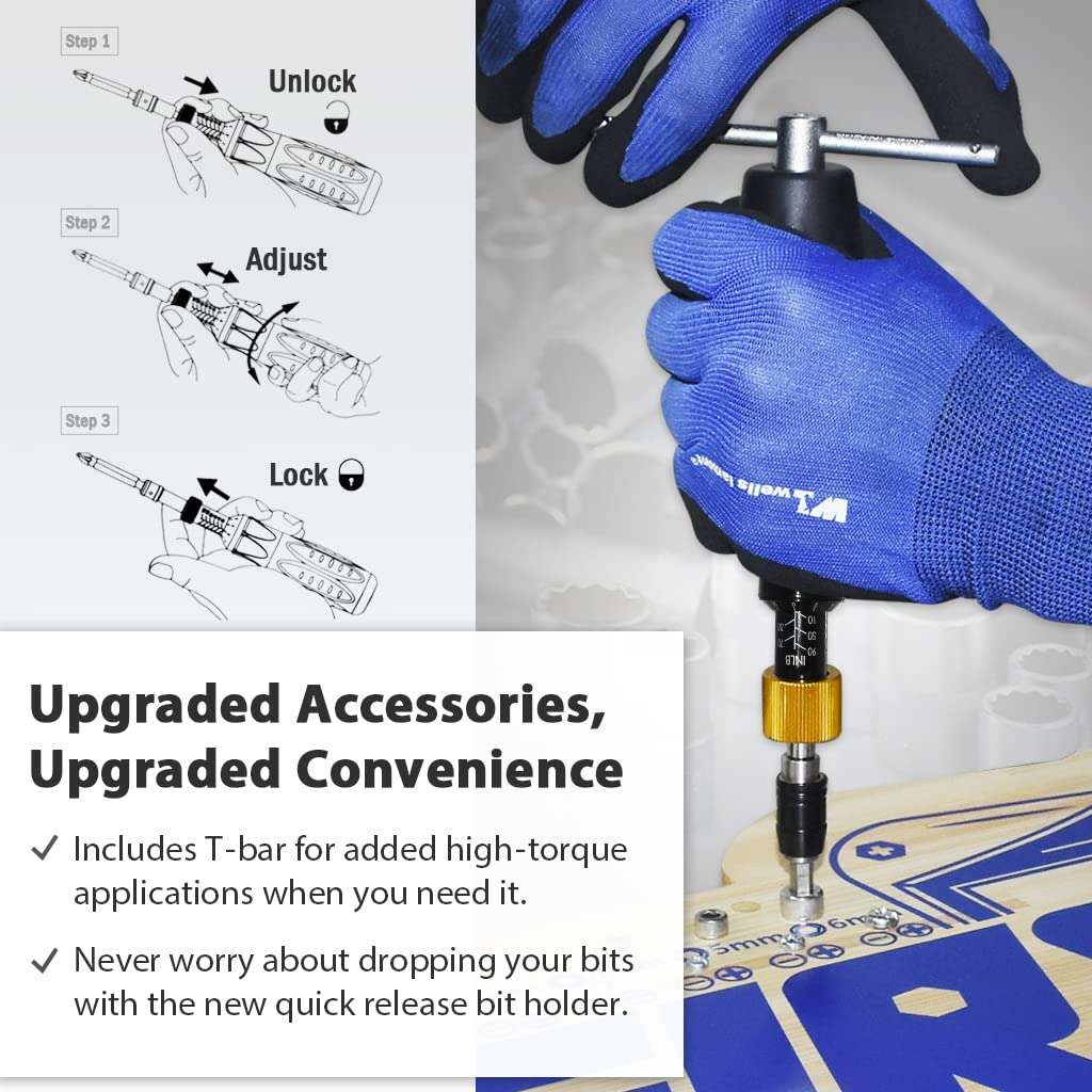 FIRSTINFO H5188 Precision Certified Limited Torque Screwdriver with 1/4 Inch Universal Hex Bit Holder Quick Release Design, 10-90 in-lbs with Extra T-Handle 6