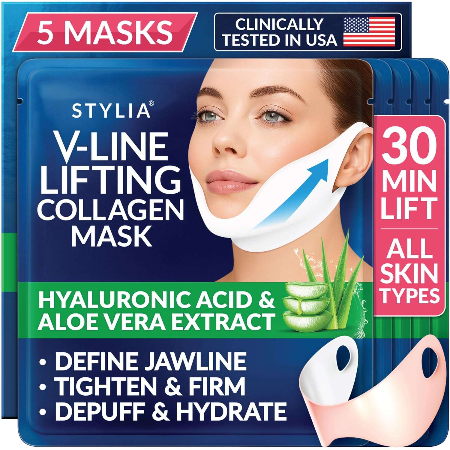 Stylia V Line Lifting Collagen Mask - Lift, Firm & Contour Jawline - Tightening Double Chin Strap with Hyaluronic Acid & Aloe - Neck Lift & Face Tightening Mask - Jawline Shaper Face Lift Tape (5PC)