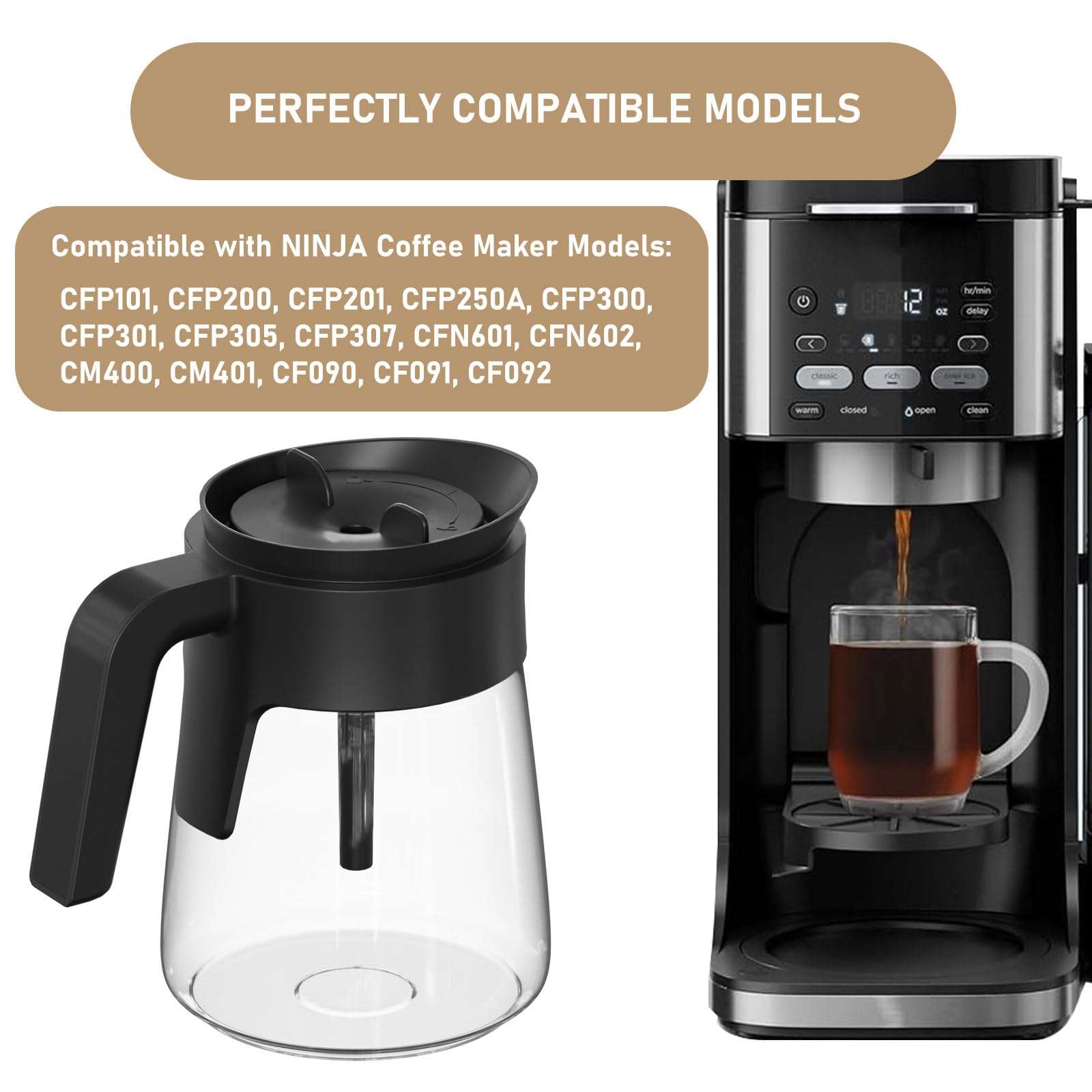 12 Cup Coffee Maker Carafe Replacement Pot Compatible with Ninja Coffee Maker CFP101 CFP201 CFP301 CFN601 CM401 CFP200 CFP250A CFP300 CFP305 CFP307 CFN602 CM400 CM401 CF090 CF091 CF092 3