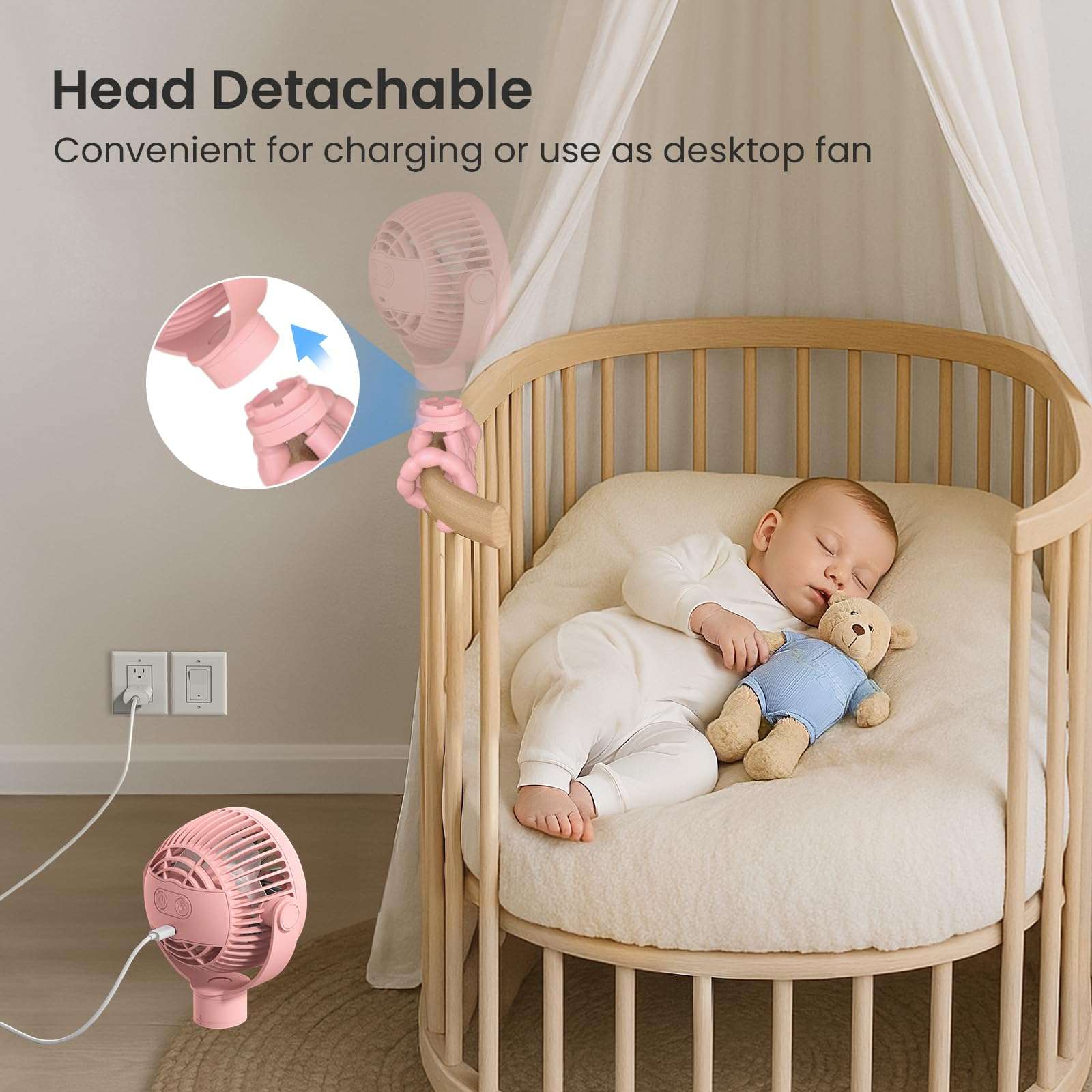 Coohea Portable Stroller Fan, 4000mAh Rechargeable Clip on Baby Fan 25H Battery Life, Head Detachable 360° Rotate Mini Fans, 4 Speed Personal Fans with Night Light for Car Seat Crib Bike Treadmill 5