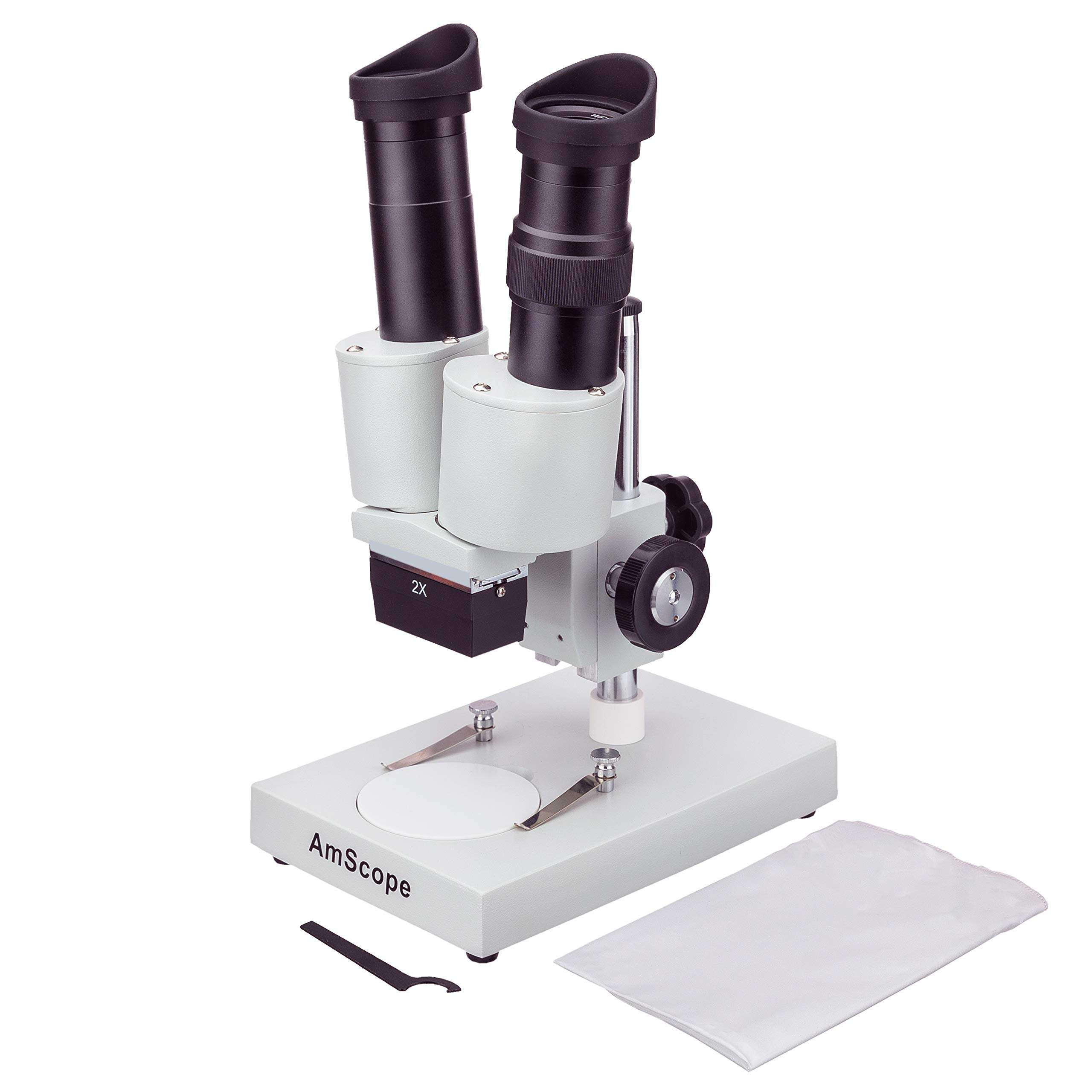 AmScope SE104-P Portable Binocular Stereo Microscope, WF10X Eyepieces, 20X Magnification, 2X Objective, Ambient Lighting, Reversible Black/White Stage Plate, Pillar Stand 1