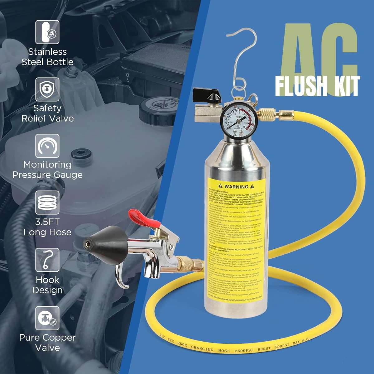 YUANRI AC Flush Kit Home A/C Flush Tool Automotive A/C Flush Kit House AC Flushing Kit 1L Stainless Steel Bottle R134A R12 R22 R404 R410A Air Conditioner System Flush Canister Kit Clean Tool Set 6