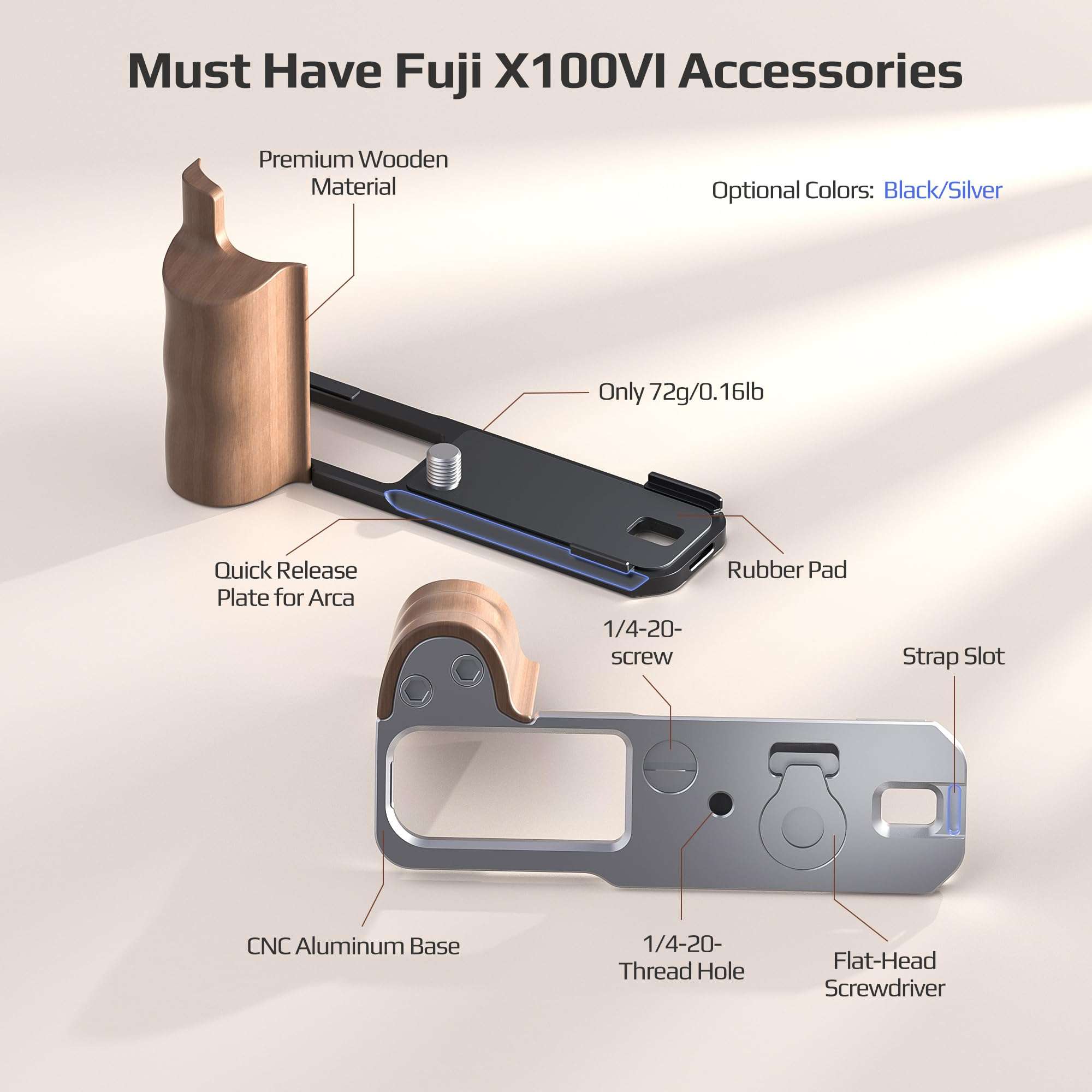 FREEWELL Premium Wooden L Bracket Handheld Grip with Quick Release Plate – Arca Compatible for Fuji X100VI (Black) 4