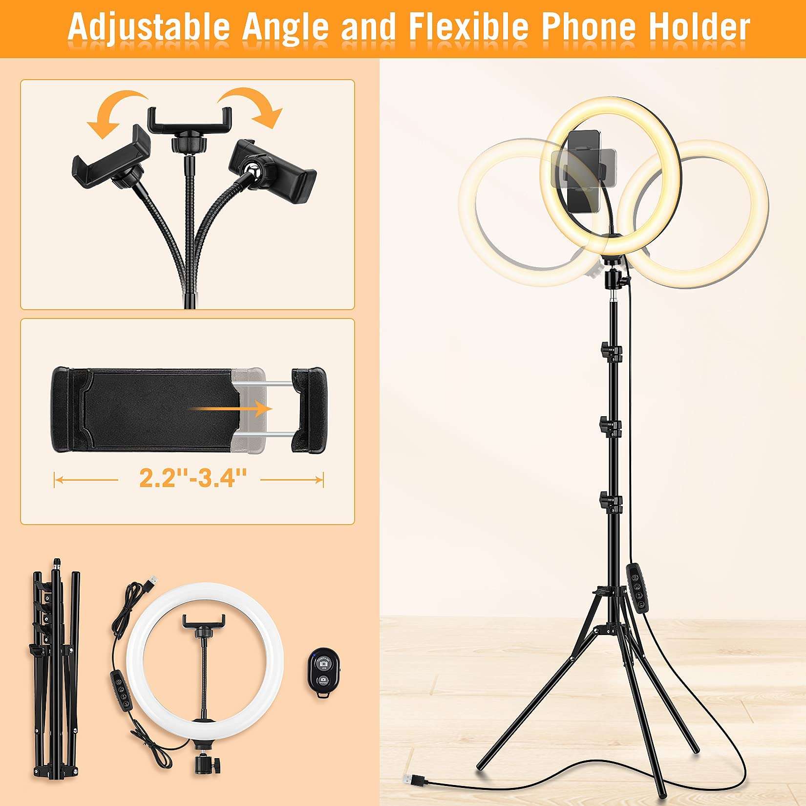 12" Ring Light with 57" Floor/7" Desk Stand and 2 Phone Holders, Selfie Ring Light for Computer/Phone/Laptop/Webcam 3