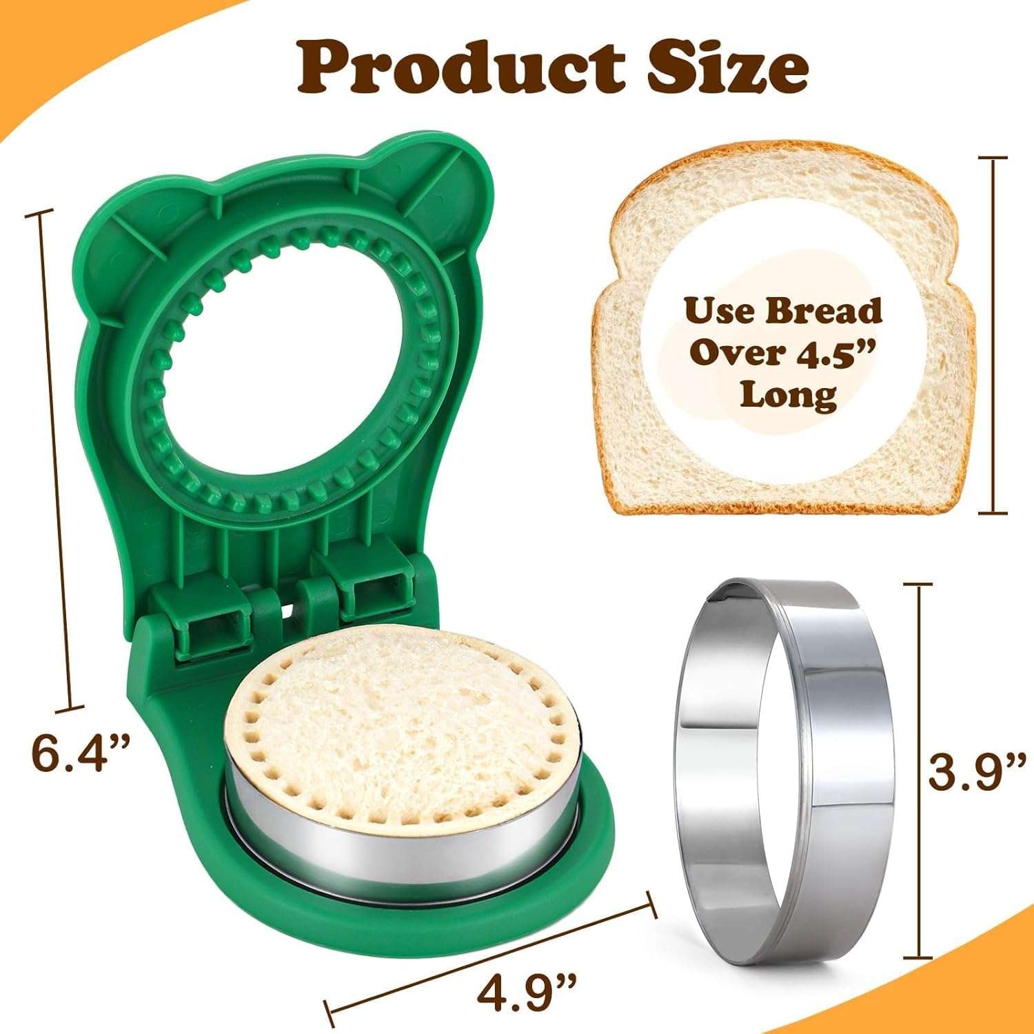 Uncrustable Sandwich Maker and Sealer Set Crustless Sandwich Press Mold Cookie Bread Pancake Maker Green Round Shape for Bread 4