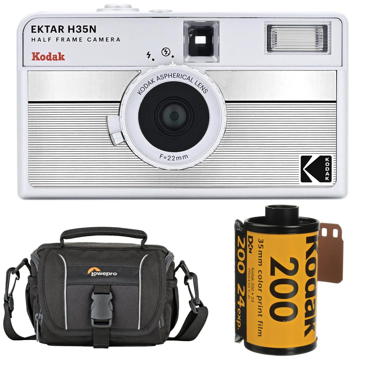 Kodak EKTAR H35N Half Frame Film Camera, Striped Silver, Bundle with Kodacolor Gold 200 35mm Color Negative Roll Film, 24 Exposure and Shoulder Bag