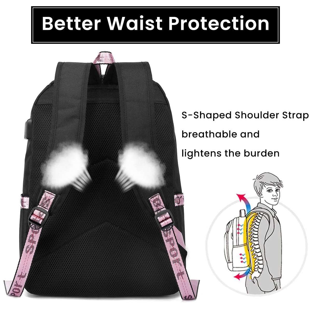 PALAY® Anime Backpack with USB Charging Port and Headphone Jack, Demon Slayer Girls Large Travel Backpack 14 Inches Laptop Bag Cartoon Anime Print Backpack School Gift for Kids (Black) 4