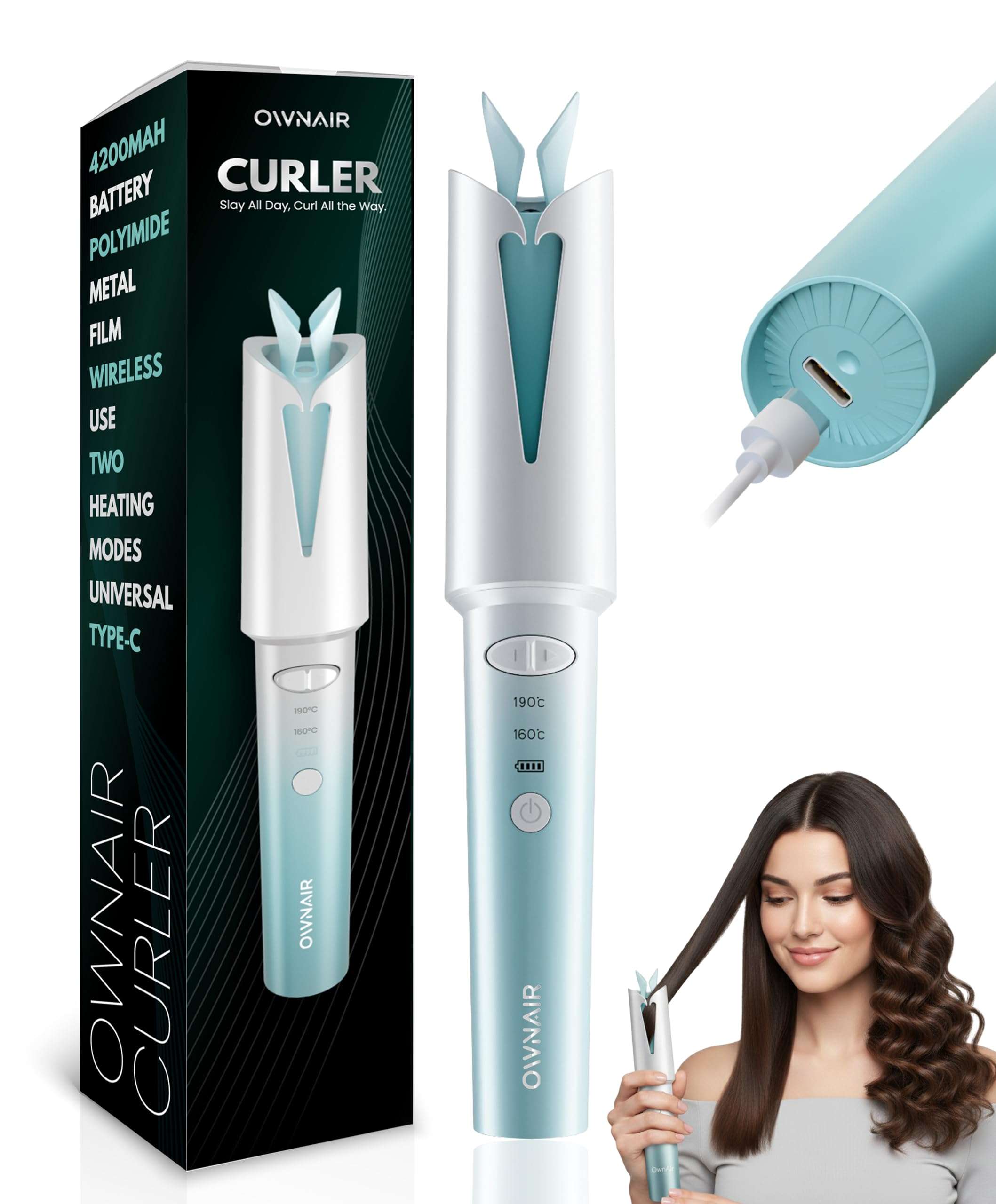 OWNAIR Automatic Hair Curler for Women | Cordless Hair Curler Machine – Dual Modes (Left/Right), 2 Temp Settings (160°C & 190°C), 4200mAh USB-C Rechargeable Iron with 360° Swivel Barrel 1