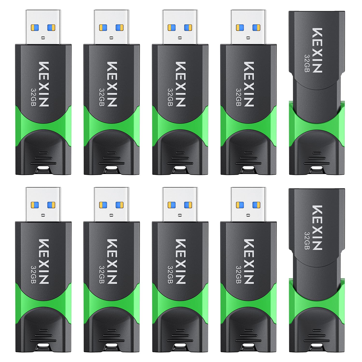 KEXIN 10 Pack 32GB Flash Drive USB 3.0 Flash Drive 32G Thumb Drive 3.0 USB Drive Bulk Jump Drive Swivel Pen Drive with LED Indicator 32G 10Pack Black+ Green
