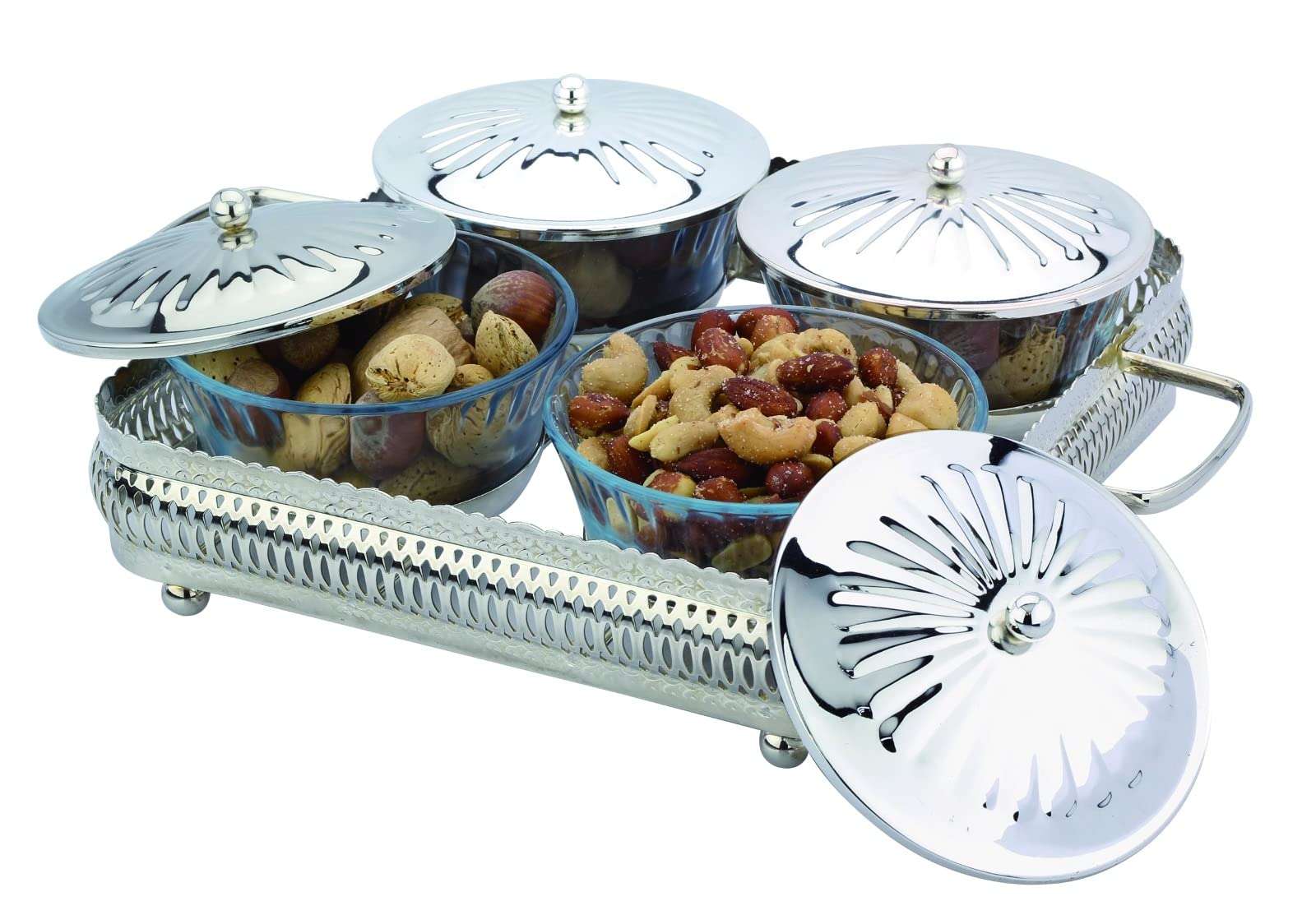 Rigeli Regent VICTORIA White Bronze plated 4 Compartment Party Set Stainless Steel square round with a metal cap 4 Compartment Serving Bowls for Candy, Nuts, Fruit, Veggies, pulses 1