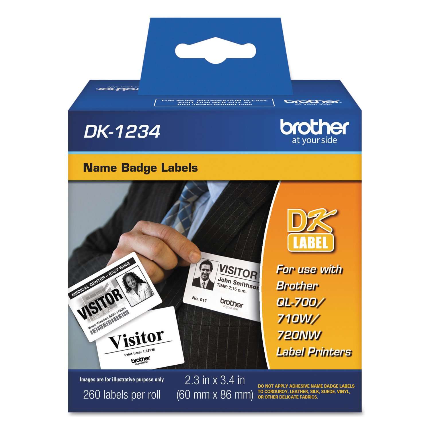 Brother Genuine DK-1234 Die-Cut Adhesive Name Badge White Paper Labels for Brother QL Label Printers, 2.3" x 3.4" (60mm x 86mm), 260 Labels per Roll, DK1234 1