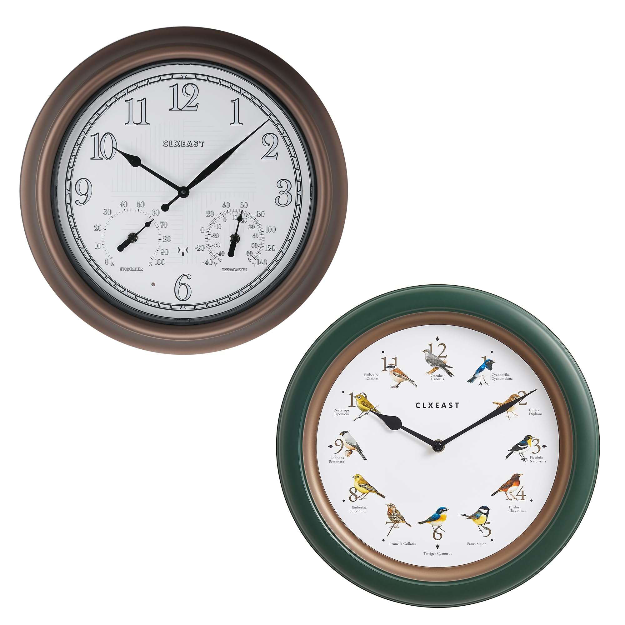 CLXEAST 18 Inch Illuminated Outdoor Indoor Atomic Analog Wall Clock &13.3 Inch Bird Clock That Sings on Hour,Singing Bird Clock with Nature Sounds from 6 am-9 pm and Silent Night Mode
