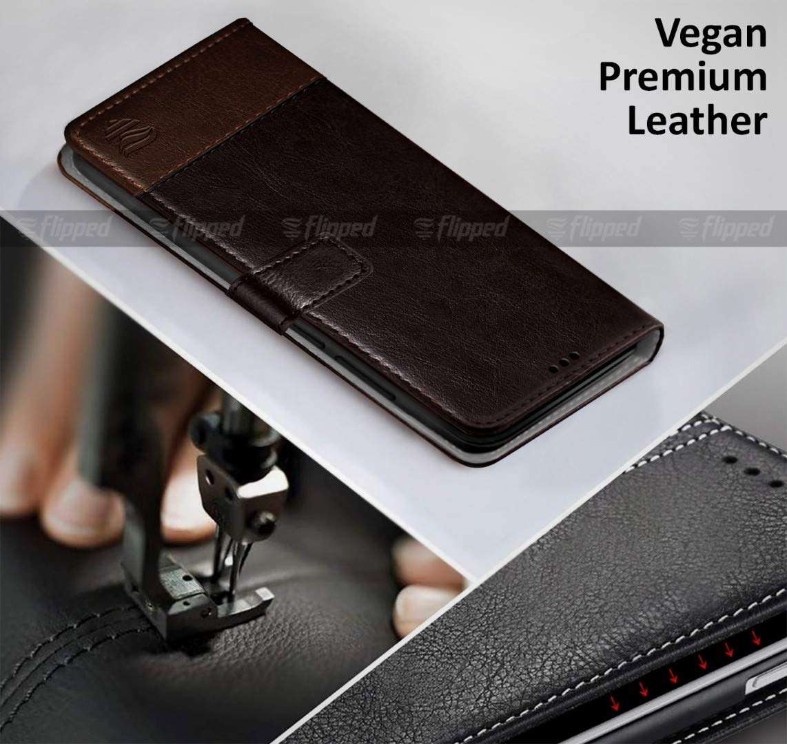 FLIPPED Vegan Leather Flip Case Back Cover for Apple iPhone 13 Pro Max (Flexible, Shock Proof | Hand Stitched Leather Finish | Card Pockets Wallet & Stand | Coffee with Brown) 3