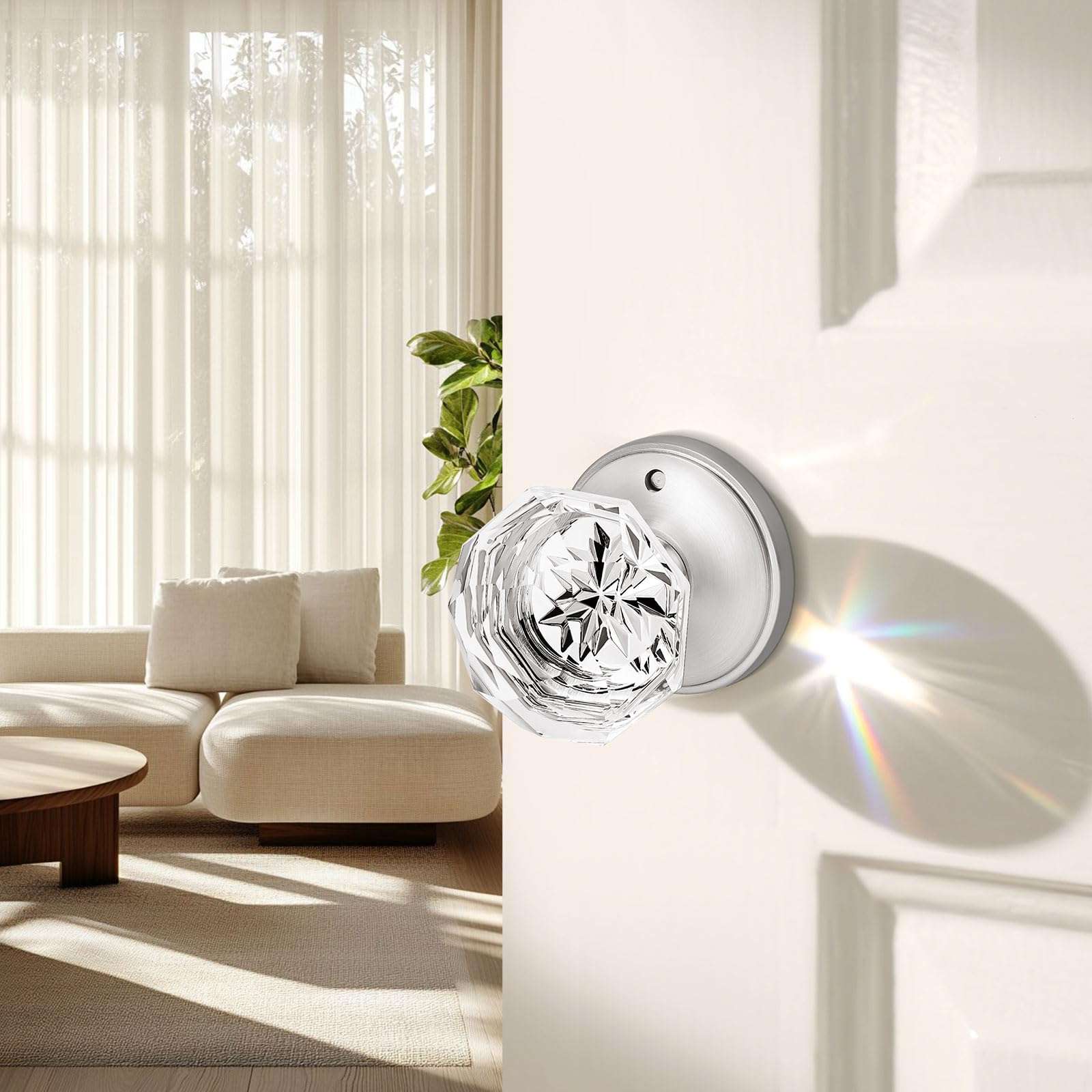 Orger 3 Pack Diamond Glass Door Knobs, Crystal Privacy Door Handles for Bedroom/Bathroom, Interior Keyless Door Knobs with Pin Lock, Satin Nickel Zinc Alloy Rosette 2