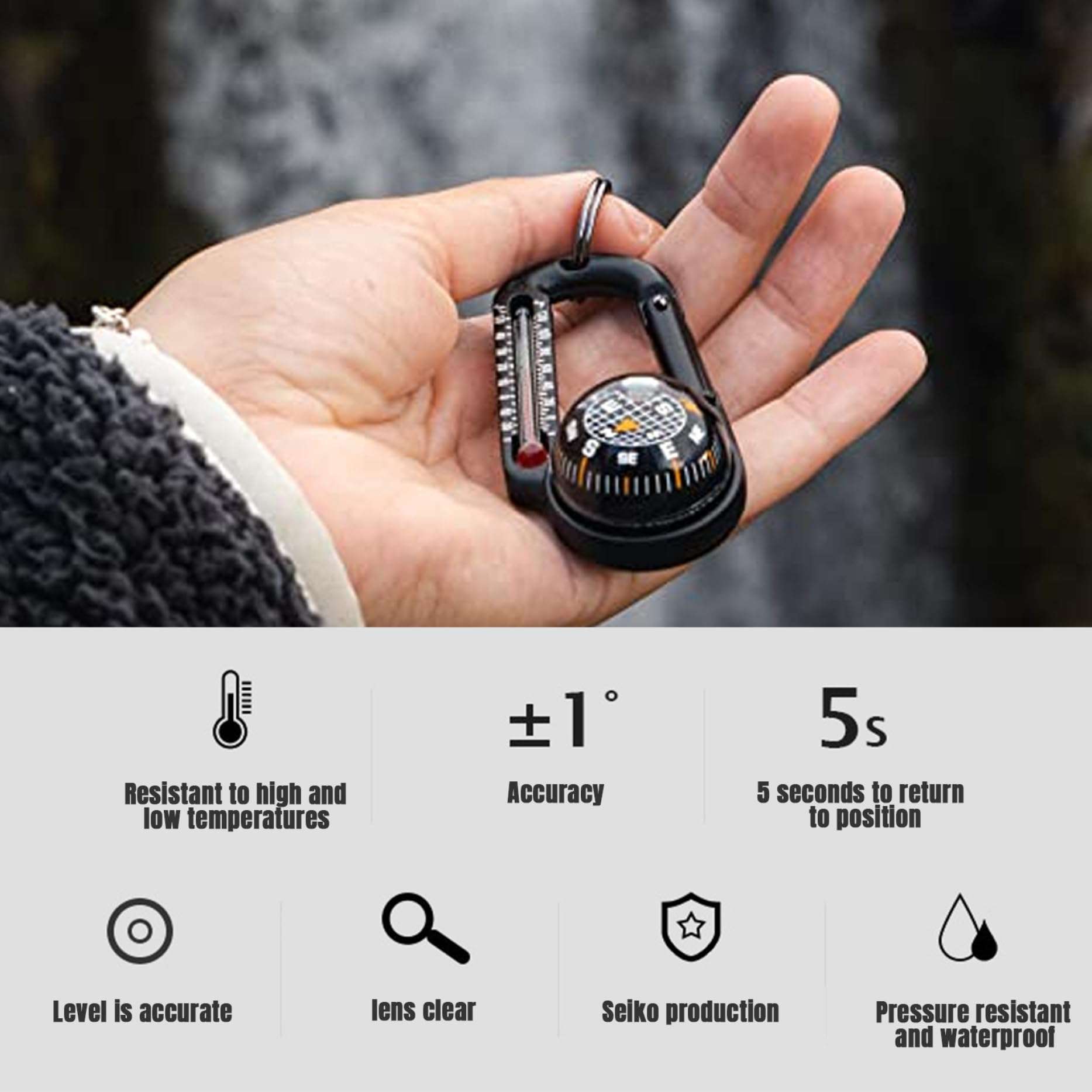 Compass Hiking Survival, 5pcs Waterproof Plastic Hiking Compass with Carabiner & Thermometer Clip, Pocket Compass Keychain for Outdoor Survival Camping 6