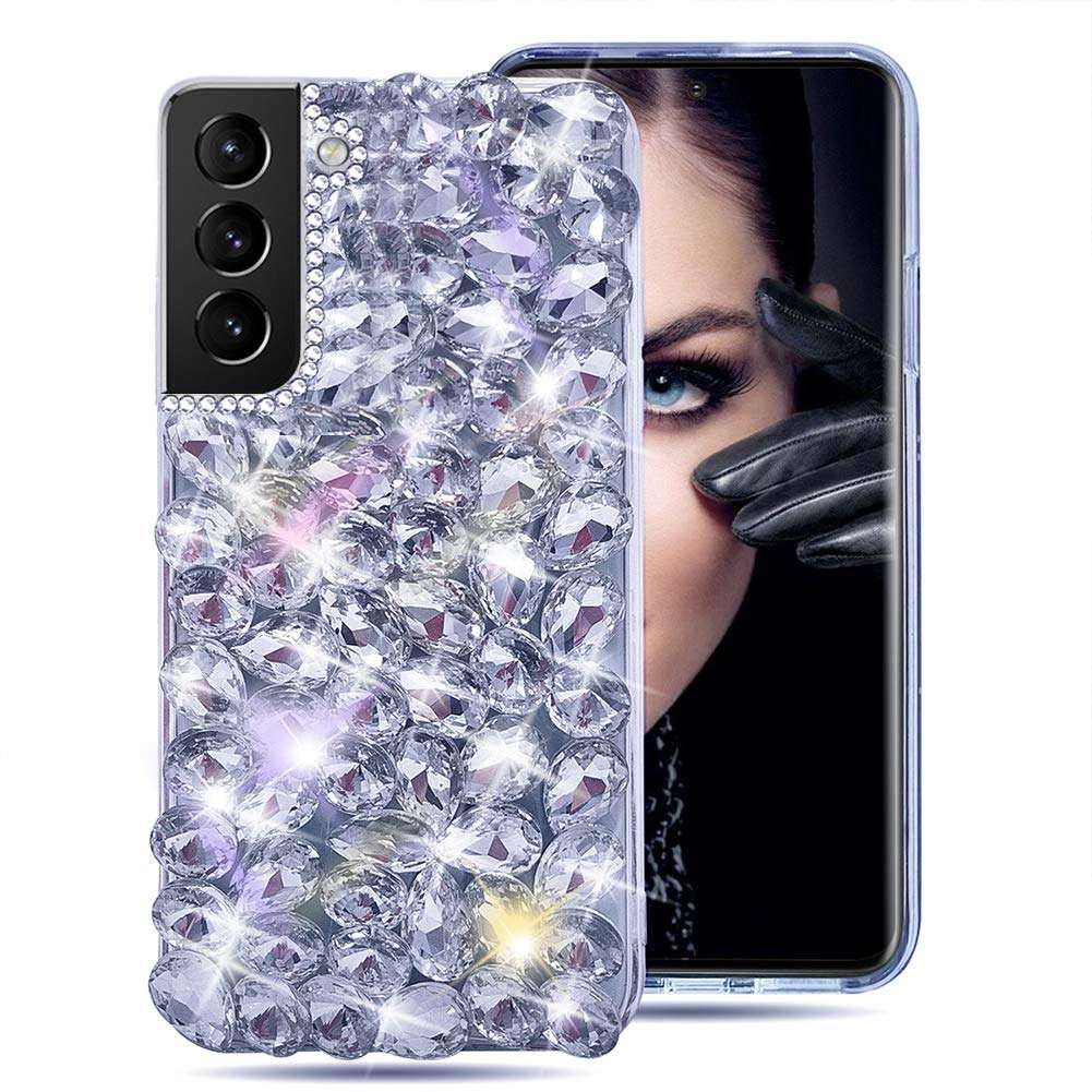 Bonitec Compatible with Galaxy S21 Case, 3D Glitter Sparkle Bling Case Luxury Shiny Crystal Rhinestone Diamond Bumper Clear Gems Cute Protective Girly Case Cover for Women Girls 2