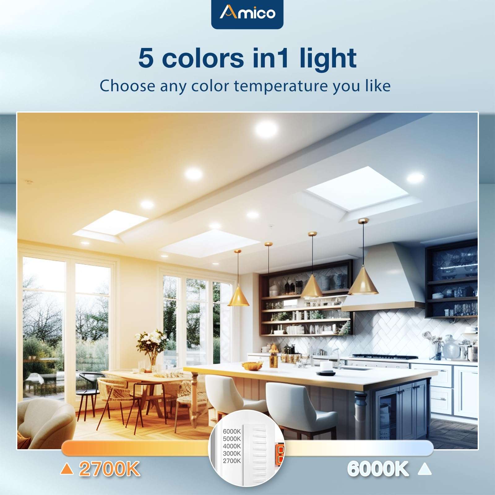 Amico 5/6 Inch LED Can Recessed Lighting, Dimmable, 32 Pack Baffle Trim, 5CCT 2700K/3000K/4000K/5000K/6000K Selectable, Retrofit Installation 4