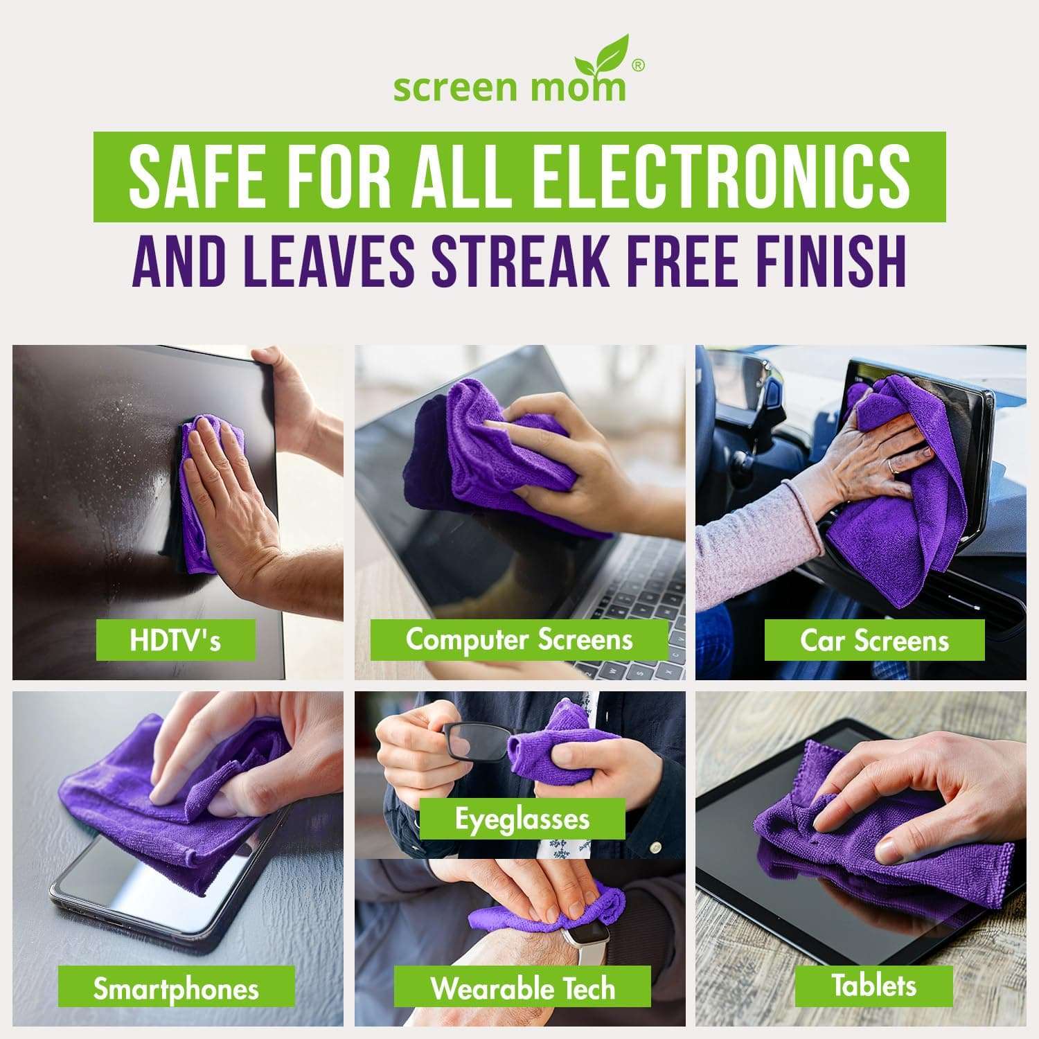 Screen Mom Screen Cleaner Purple Microfiber Cloths (4-Pack) - Microfiber Screens Cleaner Cloths, TV Cleaning Cloth for Electronic Cleaners, Laptop, Computer & Car Screens Cleaning Kit, TV Cleaners 4