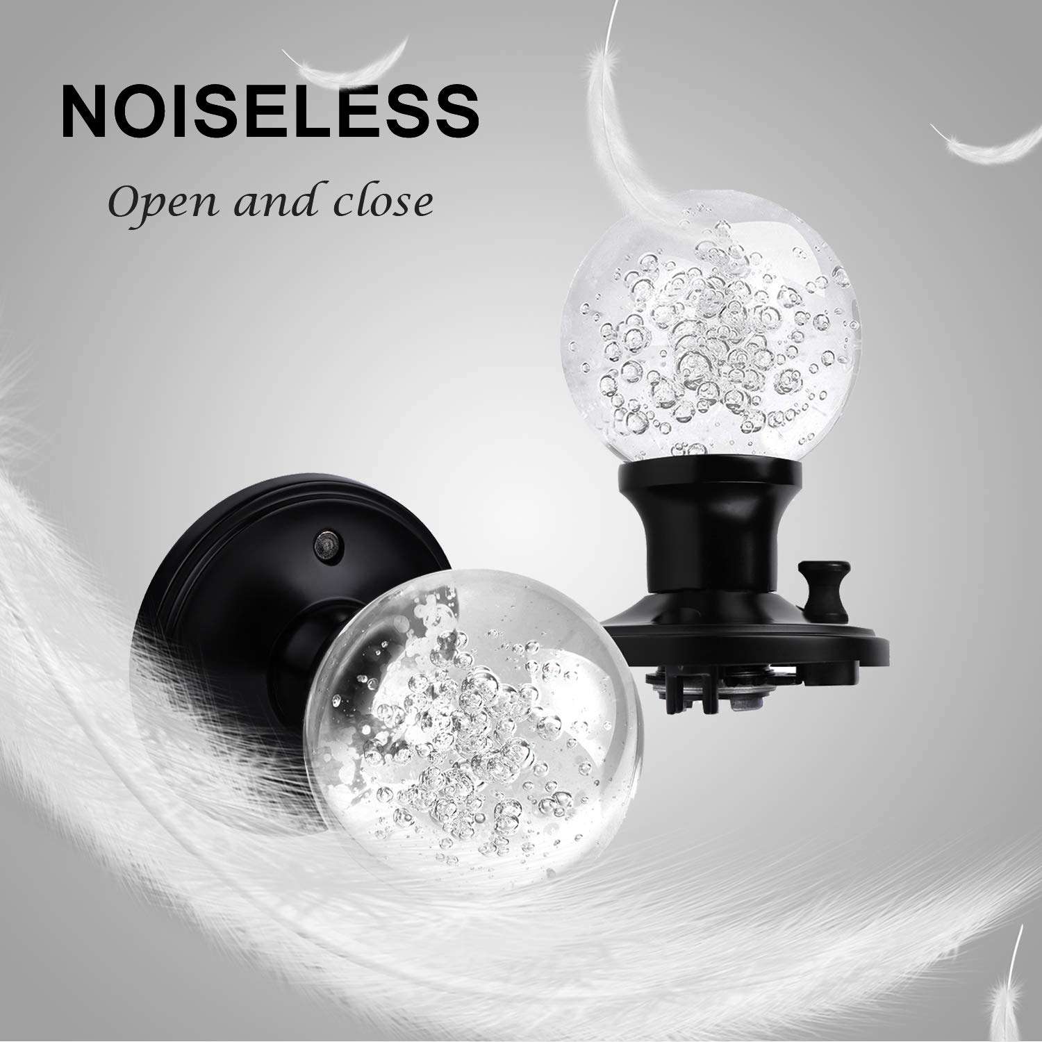 KNOBWELL 3 Pack Crystal Door Knobs with Lock Matte Black Door Knobs Keyless Round Interior Door Knobs Privacy Glass Door Knobs 6