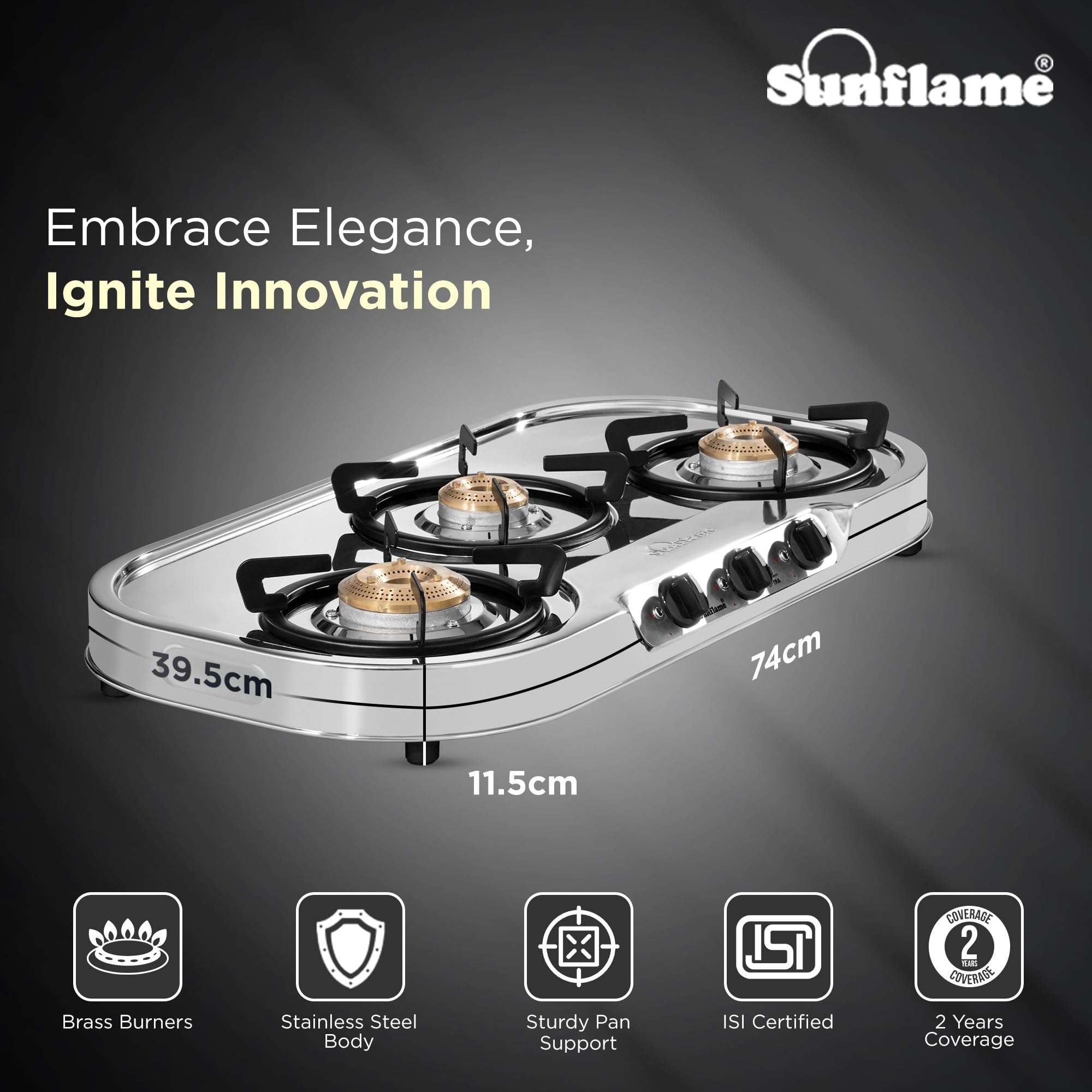 Sunflame Optra 3 Burner Gas Stove | Curved Edges Stainless Steel Body | 1 Jumbo, 1 Medium and 1 Small Brass Burners | 2-Years Product Coverage by Sunflame | Manual Ignition | PAN India Presence 3