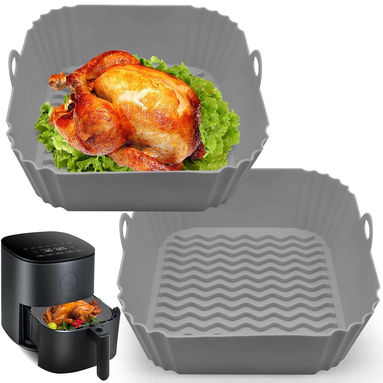 ZOVISU Air Fryer Silicone Pot Liner - (2 Pack) Square Air Fryer Basket Liners - 8.5 Inch Reusable, Use for Oven and Microwave 1