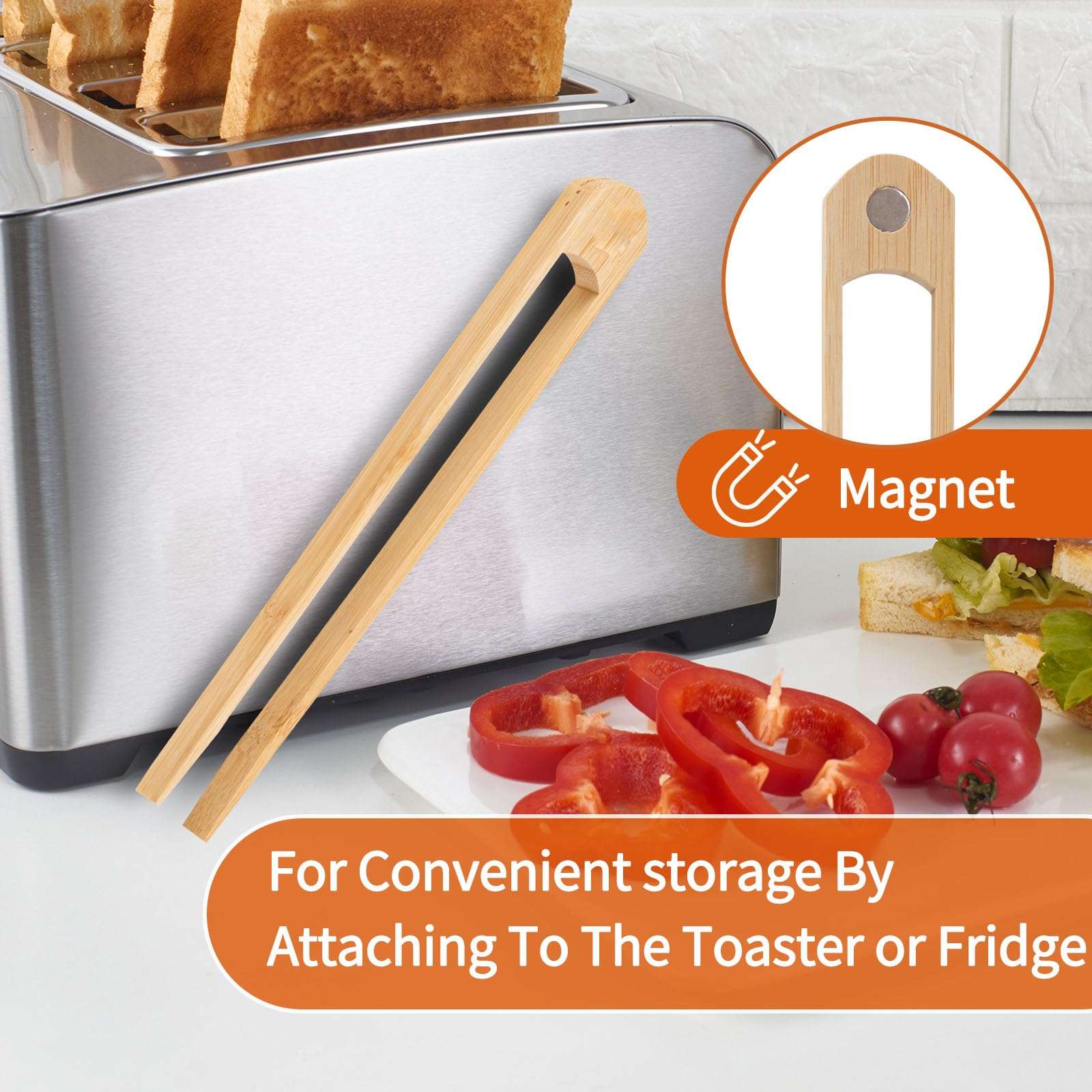 KAQISIMILA 8.9 Inch Natural Bamboo Toaster Tongs with Magnetic Holder -Kitchen Utensils for Toast, Bacon, Muffins, Bagels (2-Pack) 3