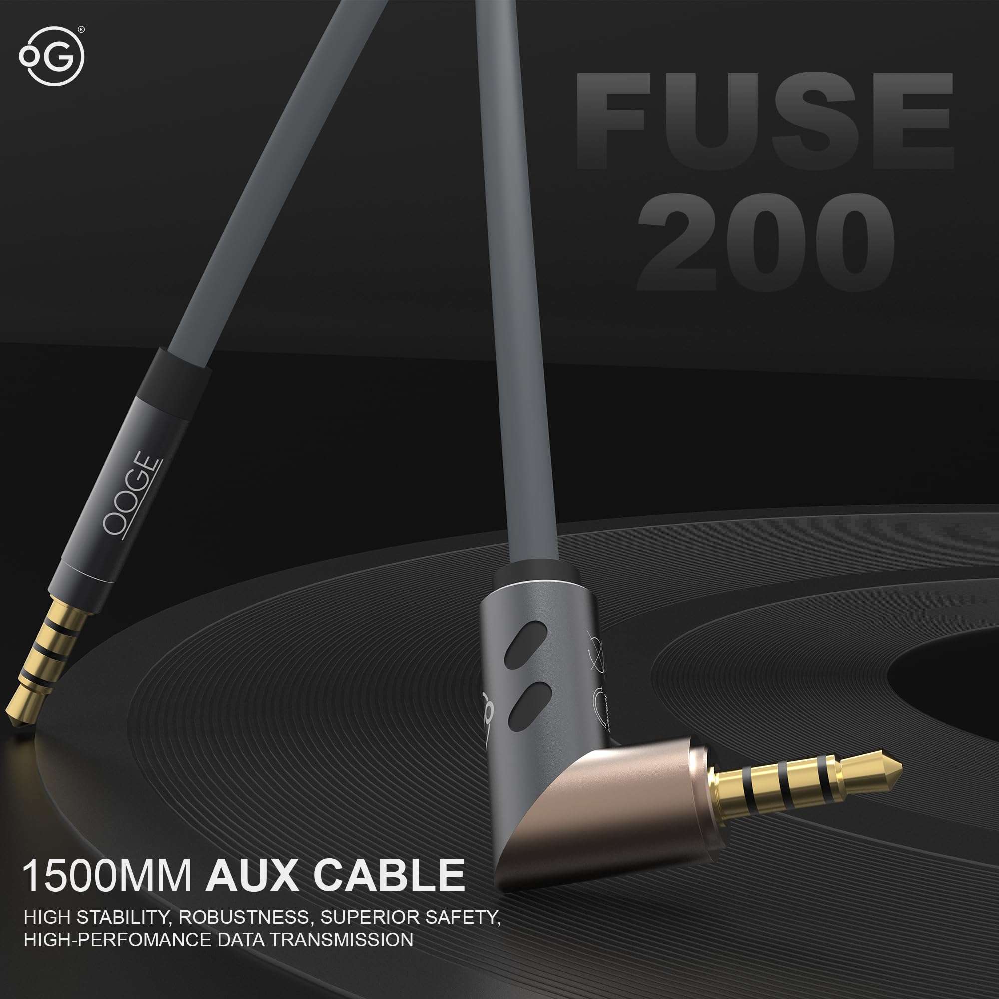 OOGE FUSE 200 AUX Cable - 3.5mm Stereo Audio Cable with 360° Rotating Head, Metal Caps, Mic & HD Call Support, 1.5 Meter Length, Sound Pulse Technology for Universal Compatibility 3
