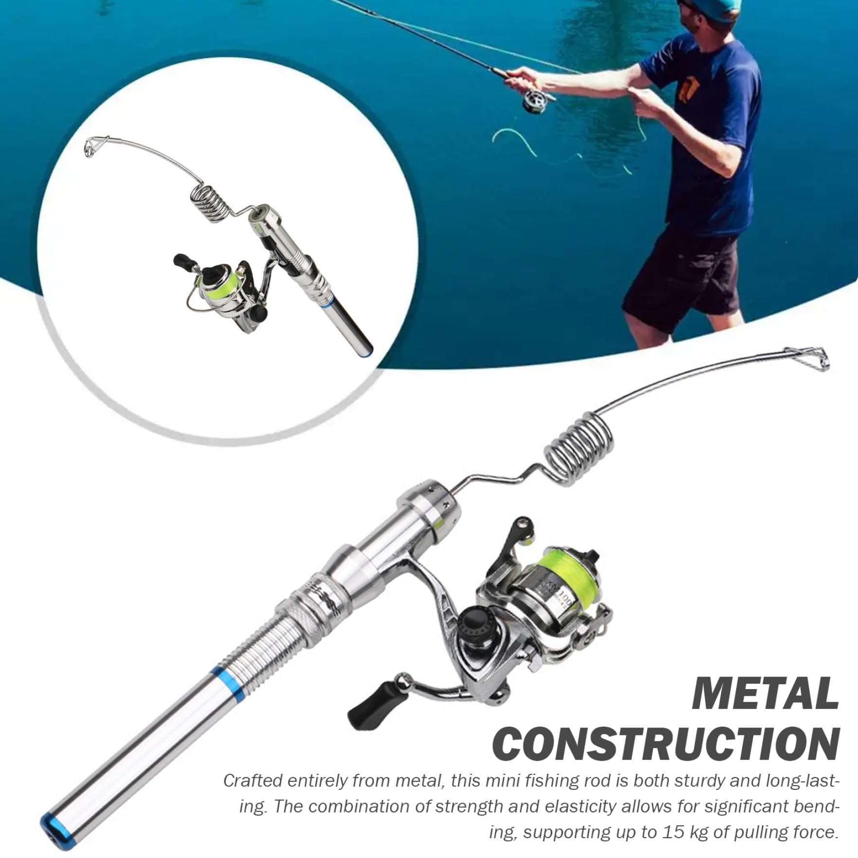 Yaoliucp Mini Fishing Rod Lightweight Portable All-Metal Elastic Mini Fishing Rod and Reel Rust-Resistant Non-Slip Pocket Fishing Rod for River Lake Ice Fishing, Mini Fishing Rod 4