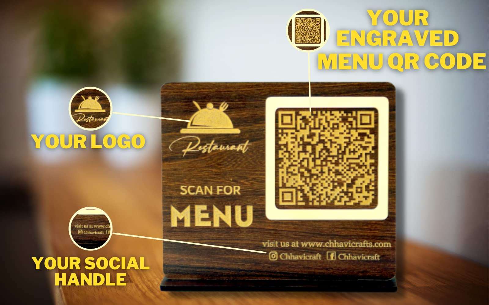 Chhavi Craft QR Code menu stand wooden Menu Customizable QR Code Menu stand For Restaurants Cafe Bar Hotels Digital Menu Touchless Menu stand for table With Free Digital QR Code (Dark wood) 4