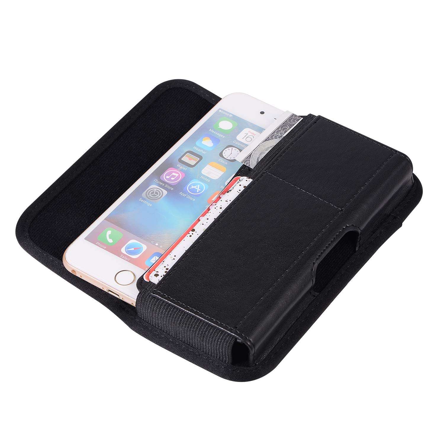 Black Nylon and PU Leather Cell Phone Belt Holster Pouch Case Card Holder for Samsung Galaxy A15 A25 A35 A55 A54 S24 Plus S23 FE S22 Plus S21 S20 FE, iPhone 16 Plus 15 Pro Max, Google Pixel 8a 7a 6a 6 2