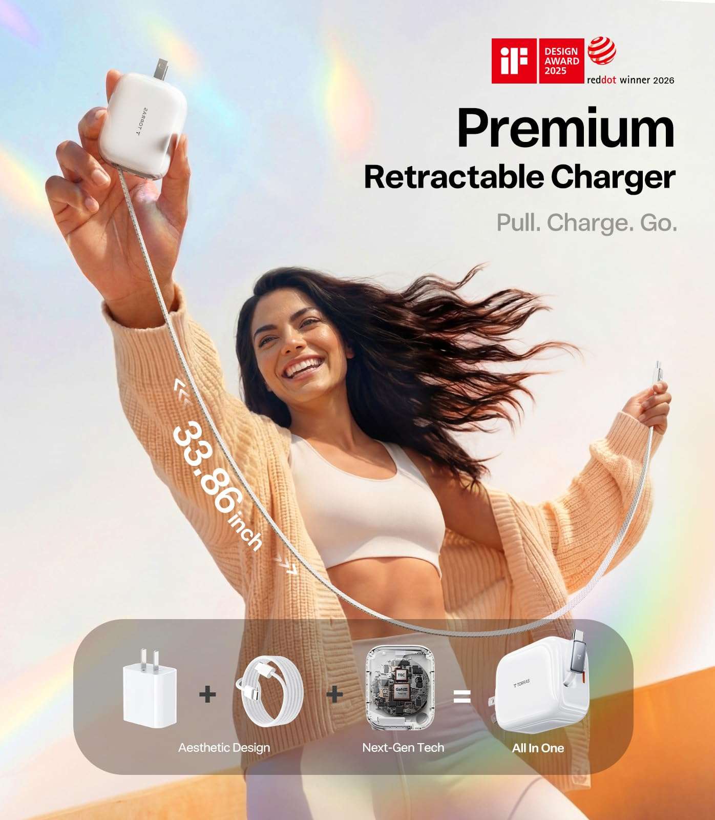 Torras FlexLine Retractable Charger, 35W GaN III USB-C Charger Block with Dual Ports, Phone Charger Fast Charging for iPhone 17/16/15, Samsung Galaxy S26 Ultra/S25, Pixel, iPad Pro, Airpods Pro 3