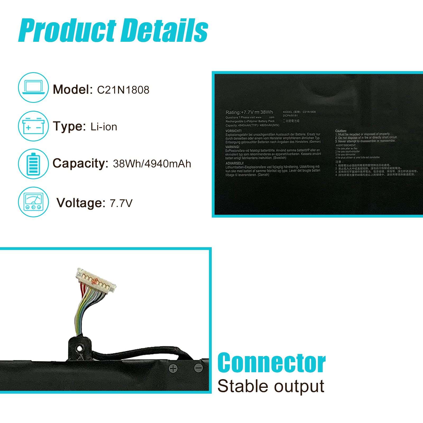 TsuLin C21N1808 38Wh 4940mAh Laptop Battery Compatible with Asus Chromebook C423NA C423NA-BV0001 C423NA-DH02 C423NA-1A C523NA C523NA-A20007 C523NA-1A Series C21PqCH 0B200-03130000 0B200-03060000 7.7V 2