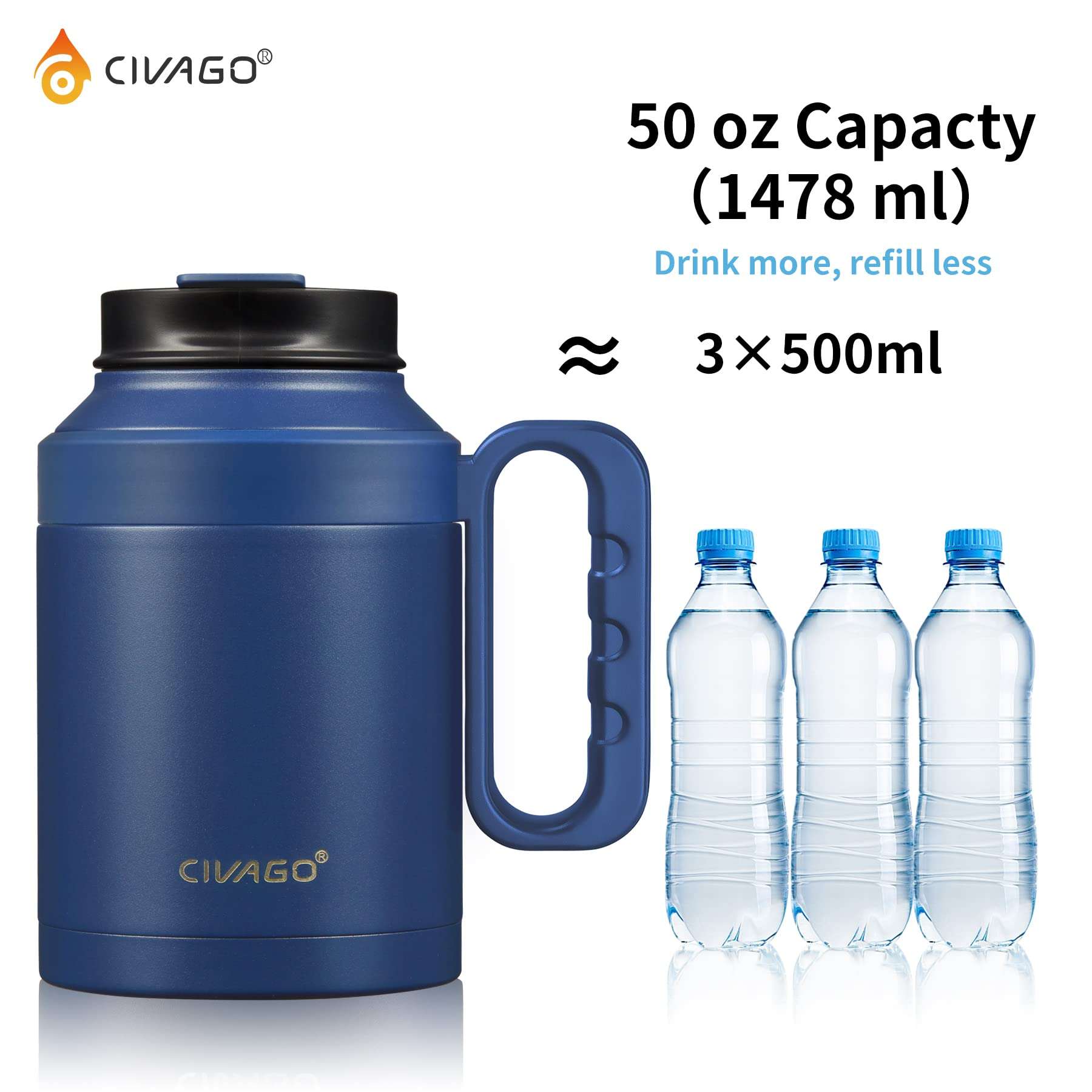 CIVAGO 50 oz Insulated Tumbler Mug with Lid and Straw, Vacuum Travel Coffee Mug with Handle, Double Wall Stainless Steel Water Cup Bottle, Black Glitter 5